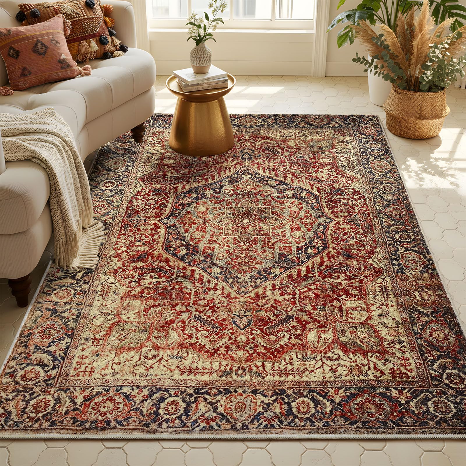 Tuocal Machine Washable Rugs Living Room 80x150cm, Vintage Rug Boho Area Rugs, Non-Slip Carpet Low Pile Non-Shedding Short Low Pile Small Rugs for Bedroom Kitchen Dining Room Bathroom Kids Room