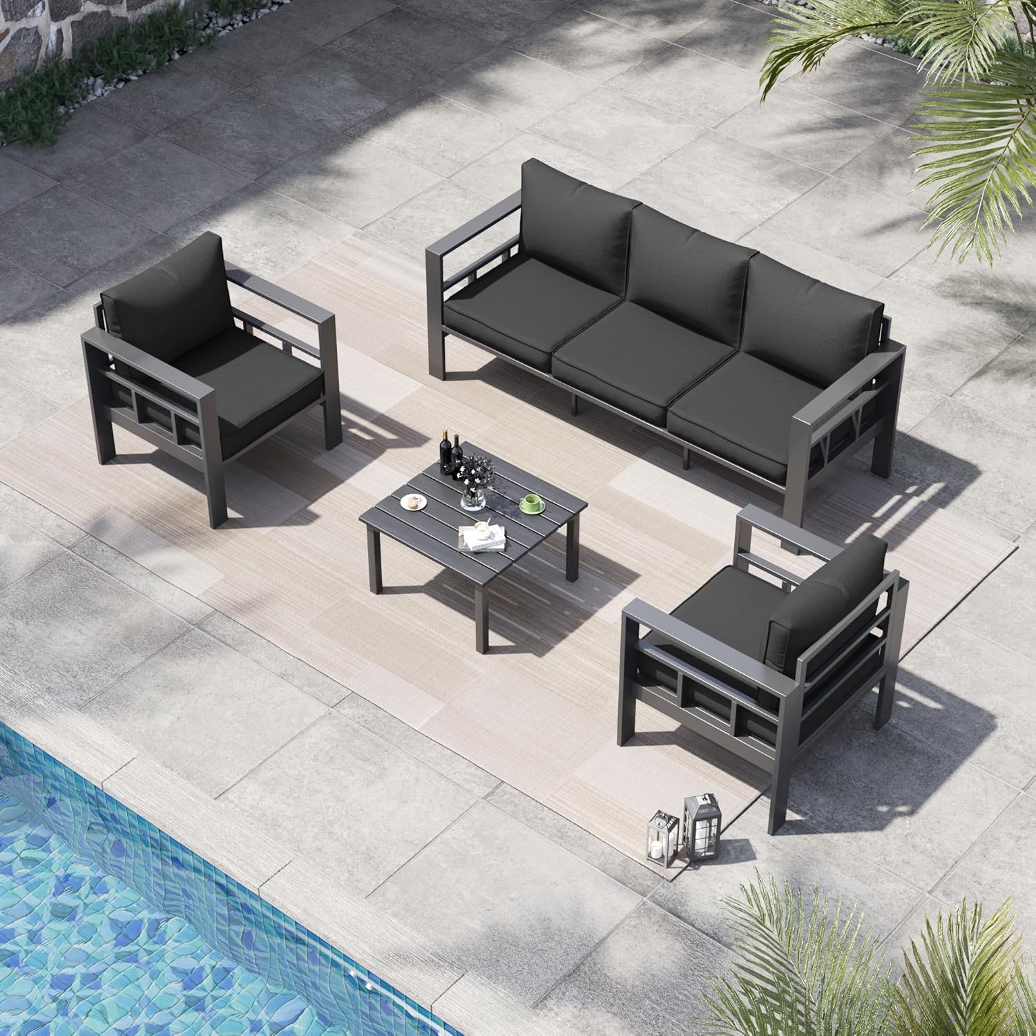 4 Piece Aluminum Patio Furniture Set, Thick Cushions, Aluminum Outdoor Sectional Conversation Set with Coffee Table for Porch, Backyard, Deck, Garden(Grey/Dark Grey)