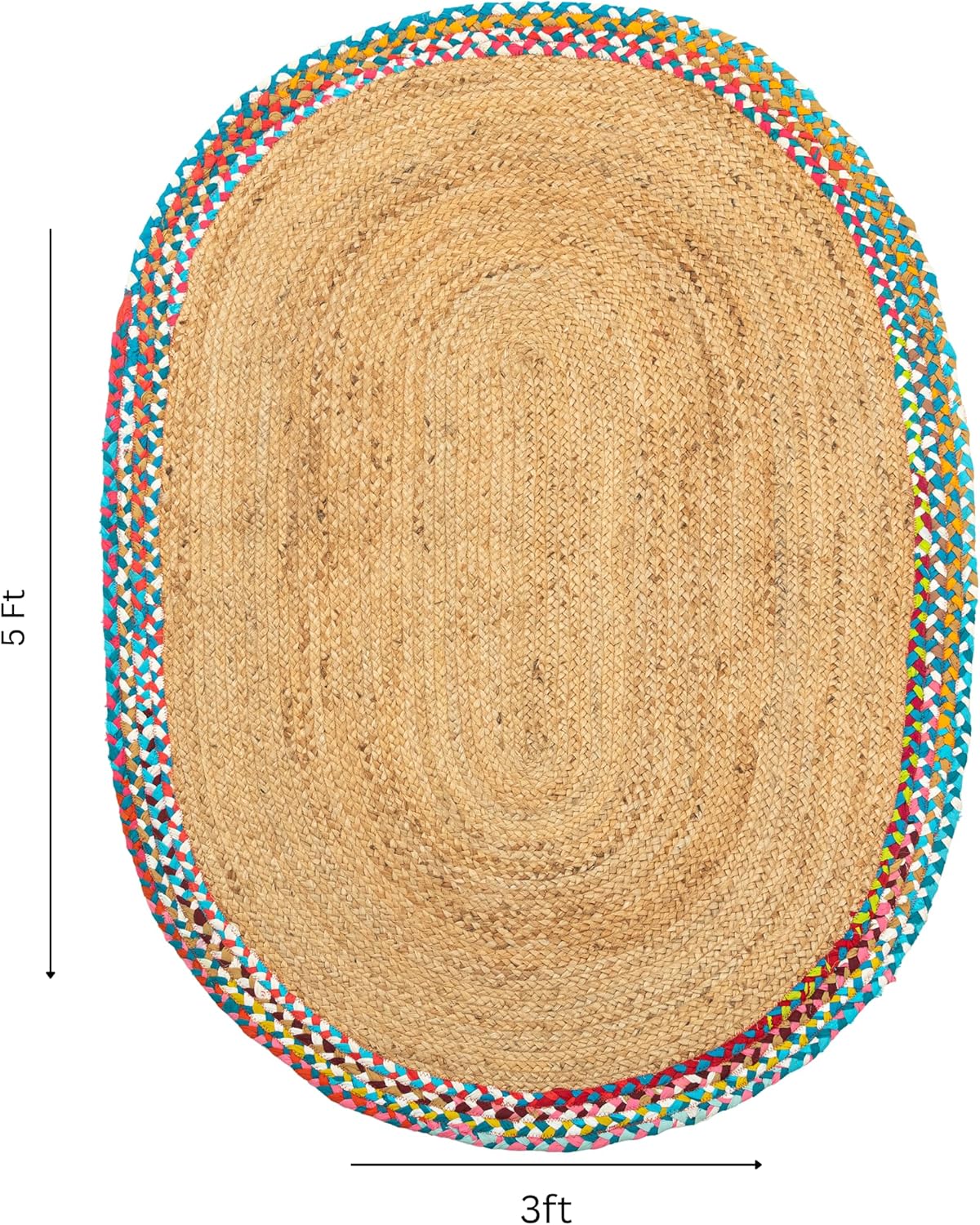 VAYAN Handwoven Natural Jute Oval Rug | Rustic Vintage Braided Rug | Nature Friendly Floor Mat for Living Room, Bedroom, Kitchen, Farmhouse, Patio, Hallway Carpet (Multicolor, 3'x5' Feet)