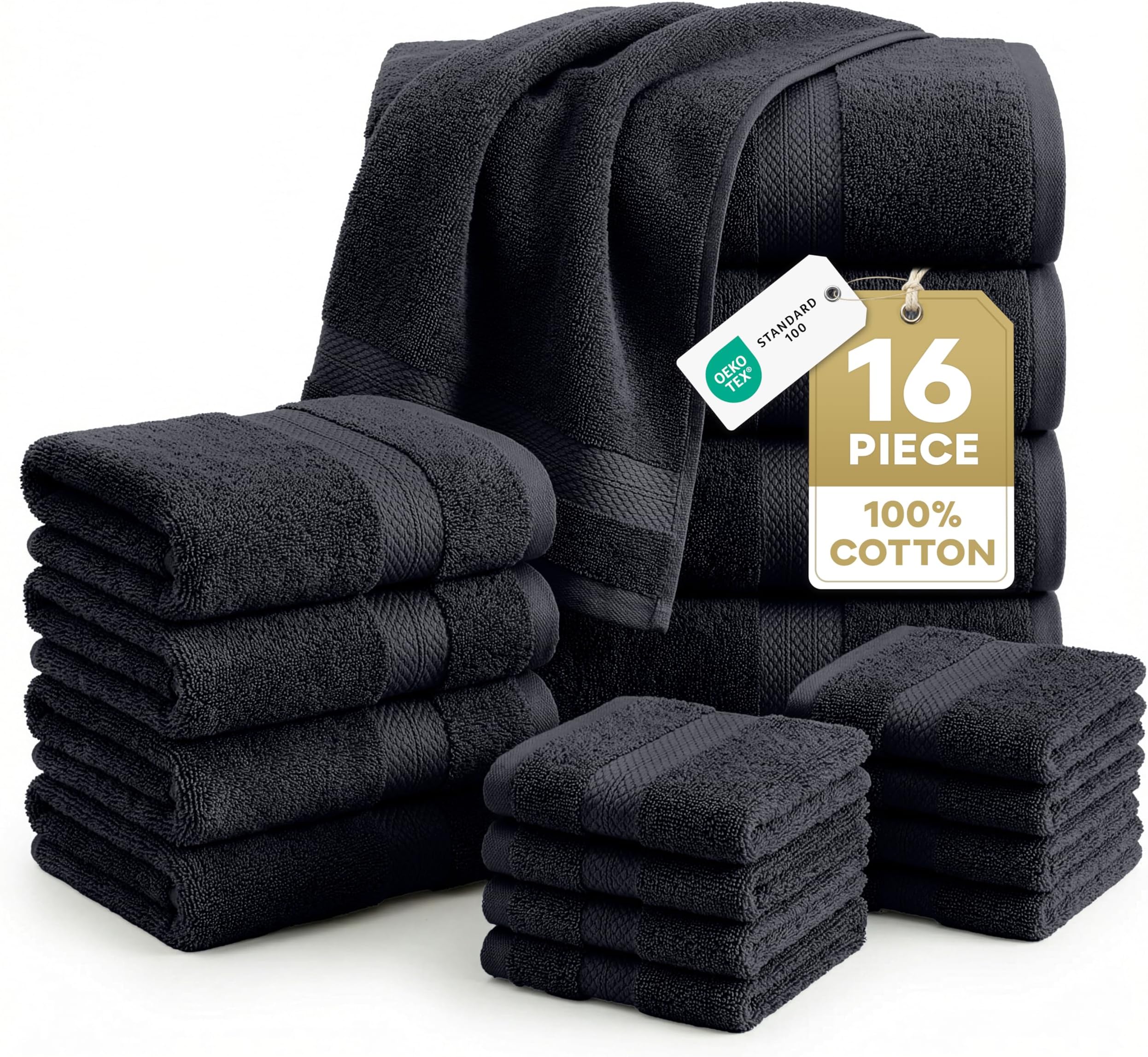 100% Cotton Luxury Towel Set for Bathroom - 16 Pieces, Ring Spun - Super Plush, Very Soft & Absorbent - 4 Bath Towels, 8 Washcloths, 4 Hand Towels - Suitable for All Skin Types - Black