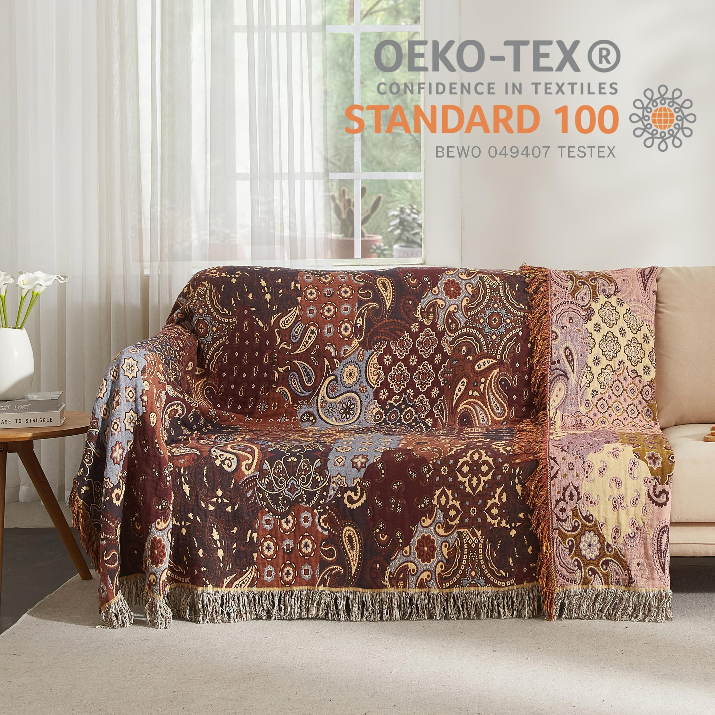 SE SOFTEXLY Couverture bohème 100 % coton - Grand couvre-lit double face en mousseline - 200 x 230 cm - Couverture de canapé et jeté de lit - Design esthétique - Idéal pour le salon et la chambre à