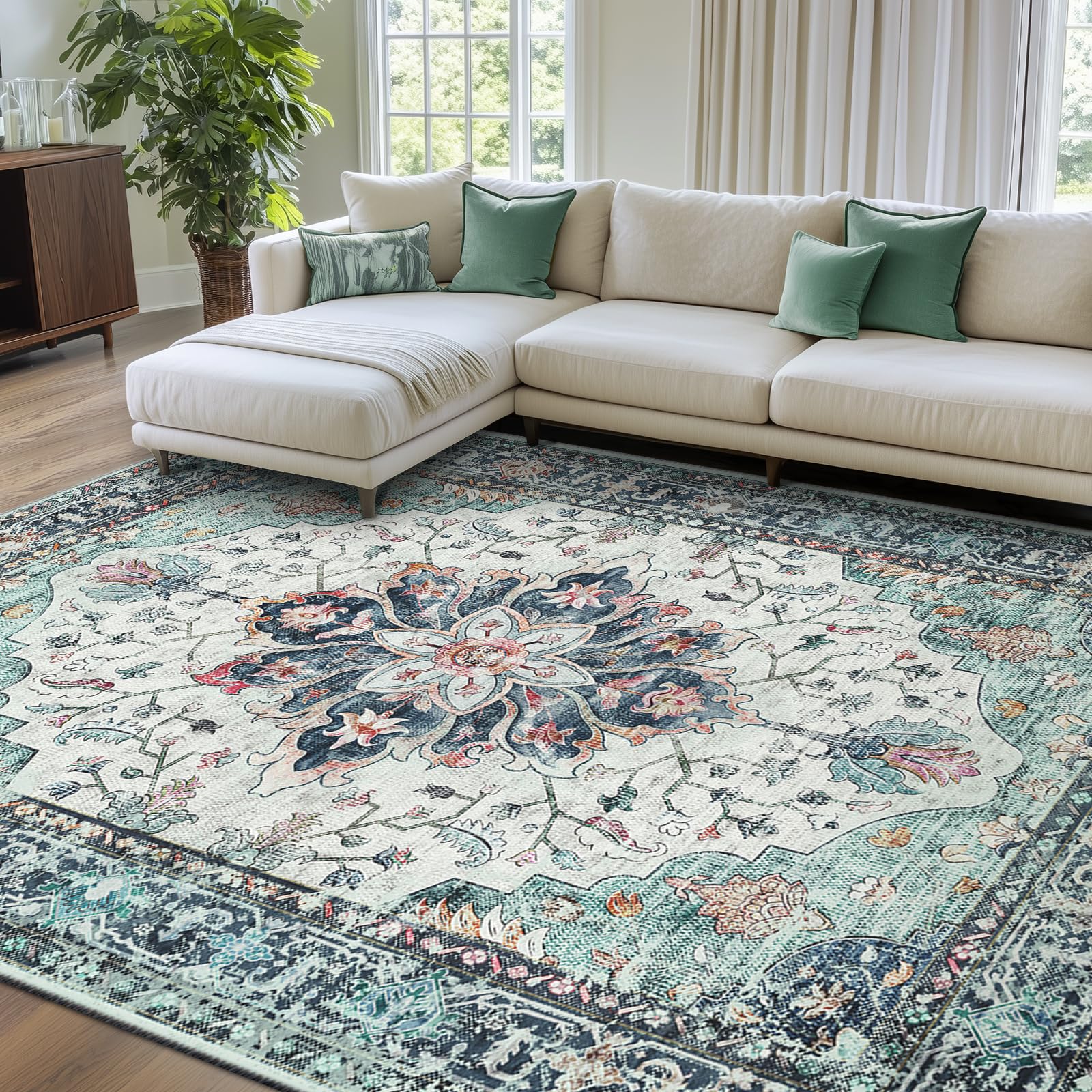 RELEANY Area Rugs 8'x10' Washable Non-Slip, Floral Vintage Distress Print Pattern Medallion Carpet for Living Room Bedroom Dining Room, Green Navy