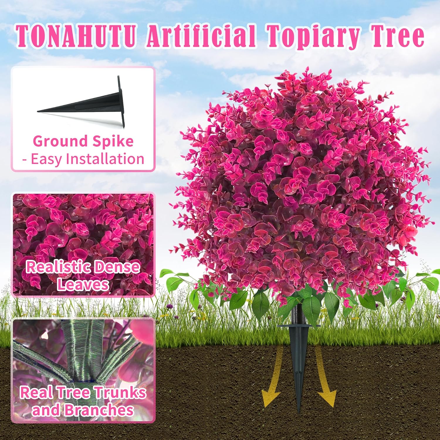 Artificial Topiary Tree with Eucalyptus, Set of 4 UV Resistant Fake Evergreen Shrubs with Ground Spike for Porch, Artificial Plants for Outdoor Indoor Garden Planters, Lifelike Decor