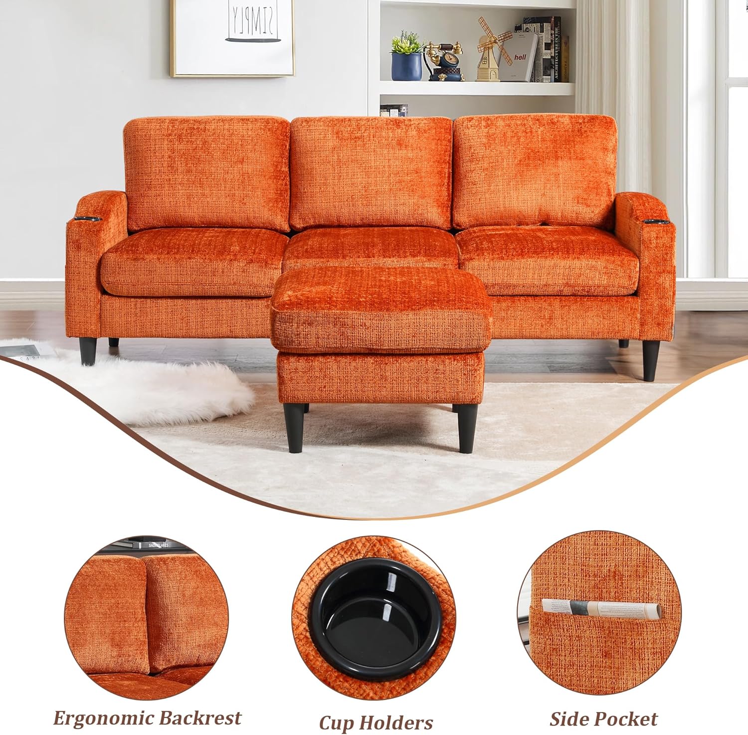 L-Shaped Sectional Sofa, Convertible Sectional Deep Seat Couch with Storage Ottoman, Chenille Fabric Upholstered Recliner Sofa 3 Seater Sofa with Cup Holders for Living Room, Orange
