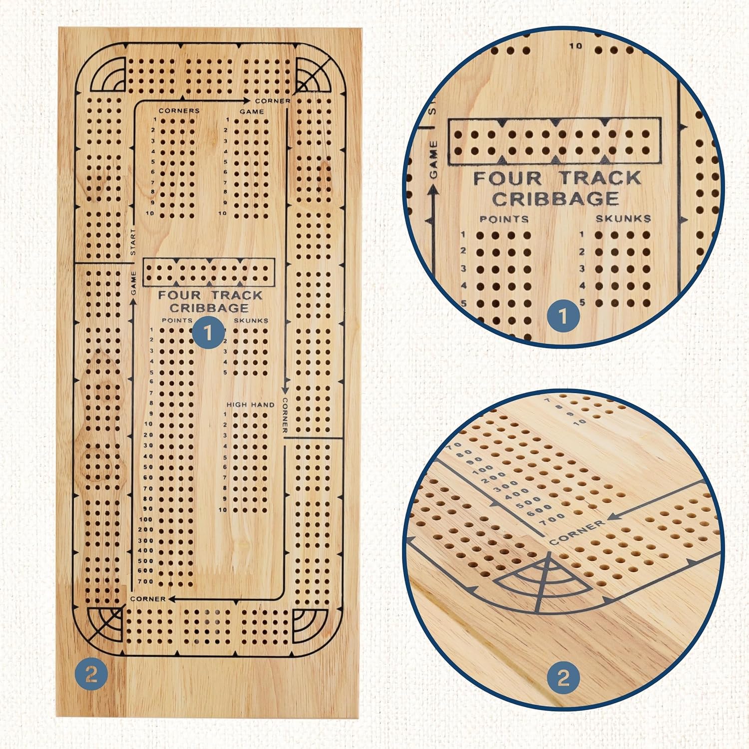 WE Games 4 Player Wooden Cribbage Board, Solid Natural Wood 4 Track Board, Plastic Pegs and Instructions, Card Games for Families and Adults