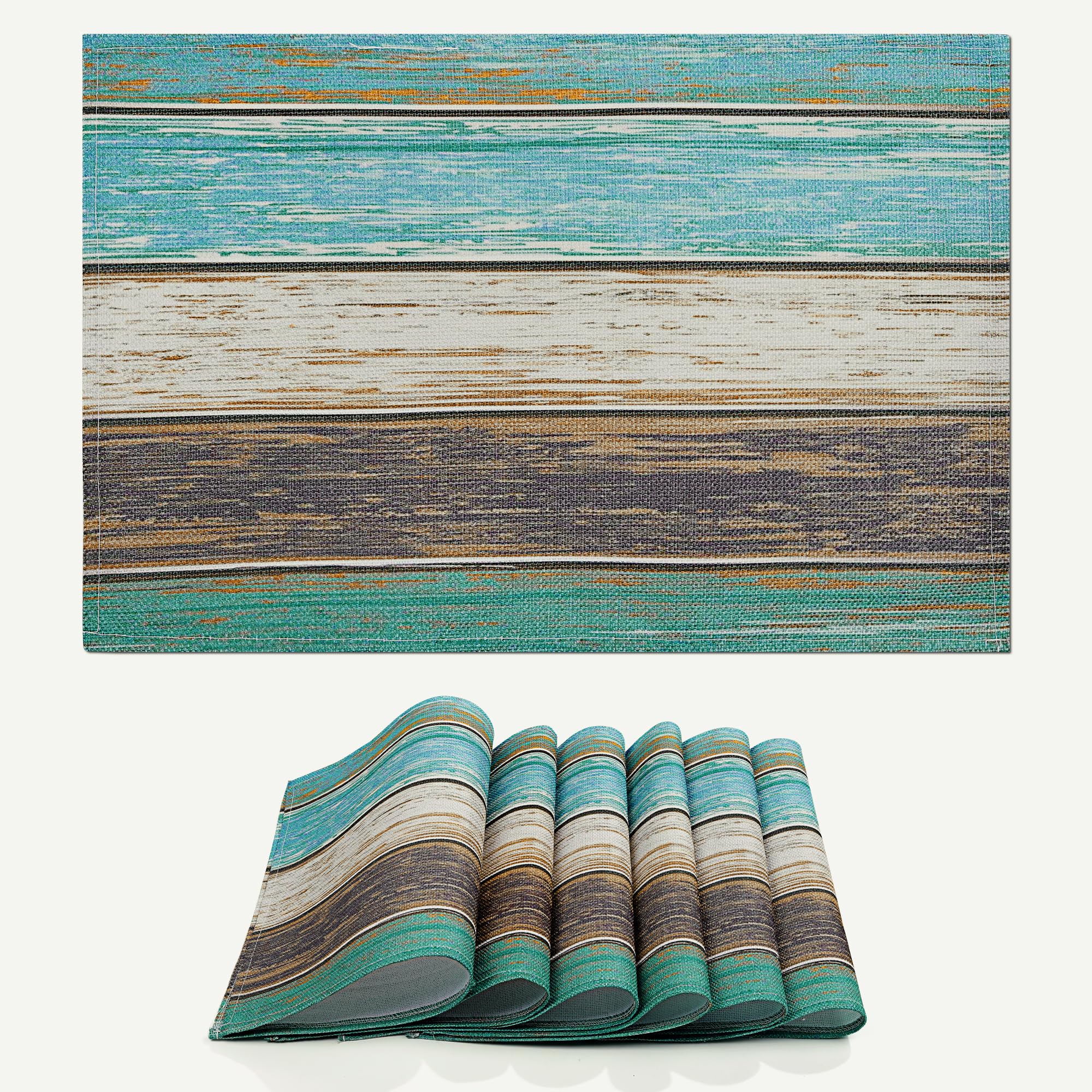 fanquare Salvamanteles de Lino Vintage Juego de 6, Manteles Individuales Rectangulares Marrón Teal, Salvamanteles Lavables Resistentes al Calor para Mesa de Comedor Fiesta Cocina