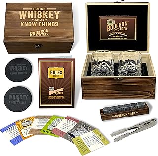 Boxed Set of Whiskey Gifts for Men - Includes Popular Whiskey Trivia, 2 Bourbon Glasses, 6 Stones, 2 Slate Coasters, 1 Wooden Freezer Tray & Stainless Steel Tongs - All in 1 Premium Giftable Box