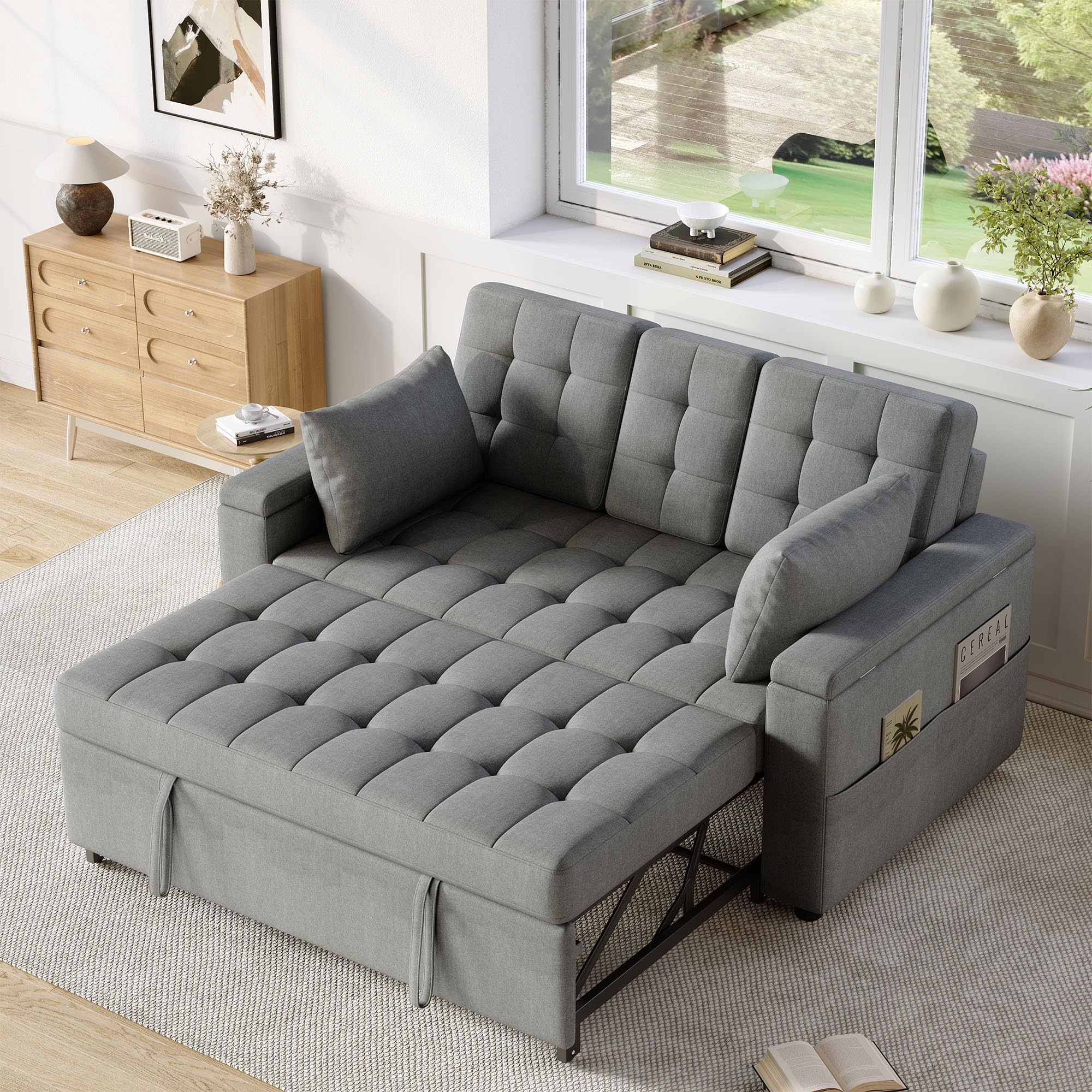 Merax Schlafsofa 2-Sitzer Sofa mit Schlaffunktion, Modernes Klappsofa 3-in-1 Schlafcouch mit Verstellbarer Rückenlehne, Armlehnen-Staufächern, Getränkehalter und Seitentaschen, Grau