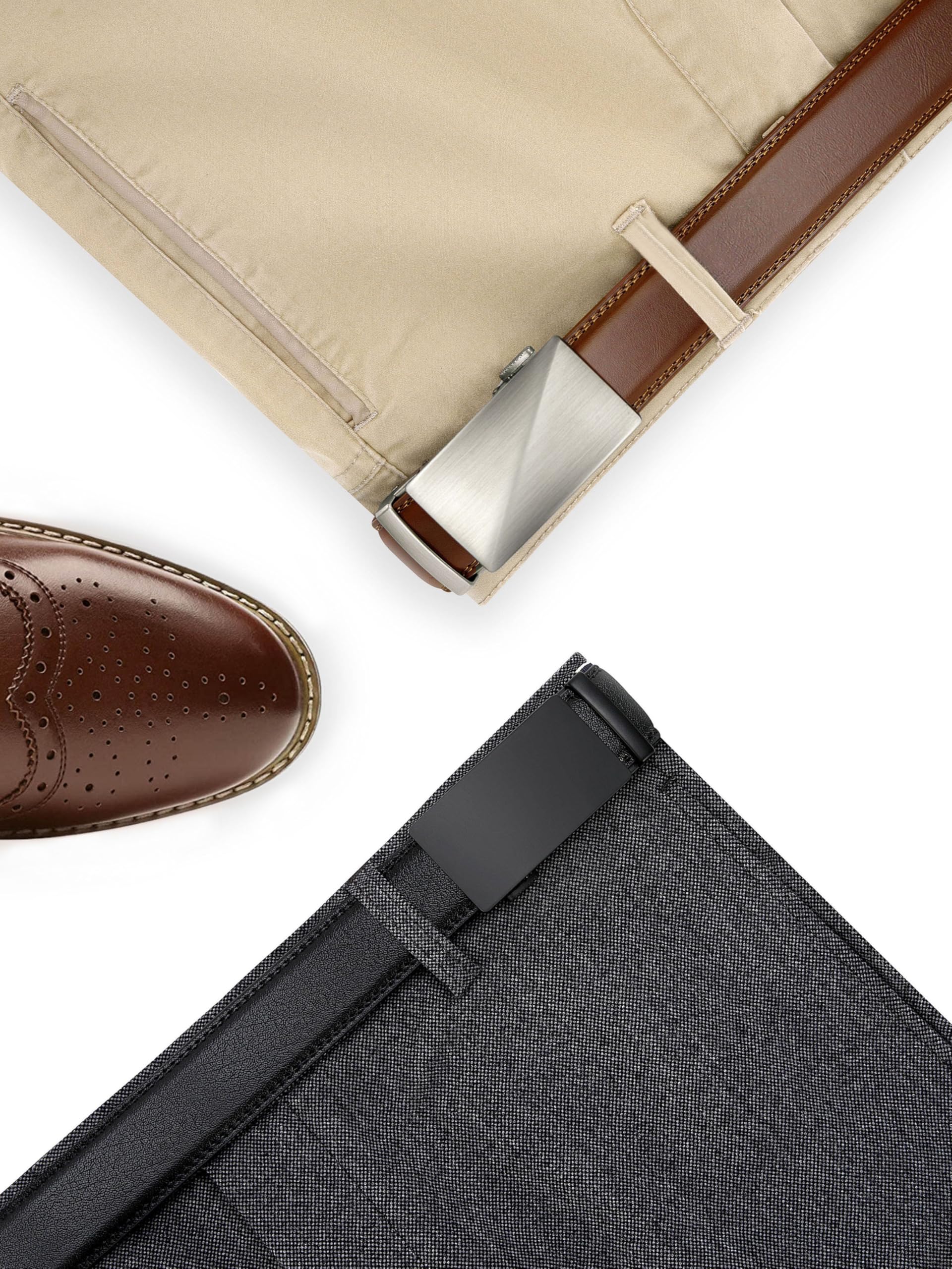 CHAOREN Cinturones Hombre, Cinturón Hombre Cuero 2 Piezas con Hebilla Automática de Trinquete, Ancho 3.5CM-Tamaño Ajustable