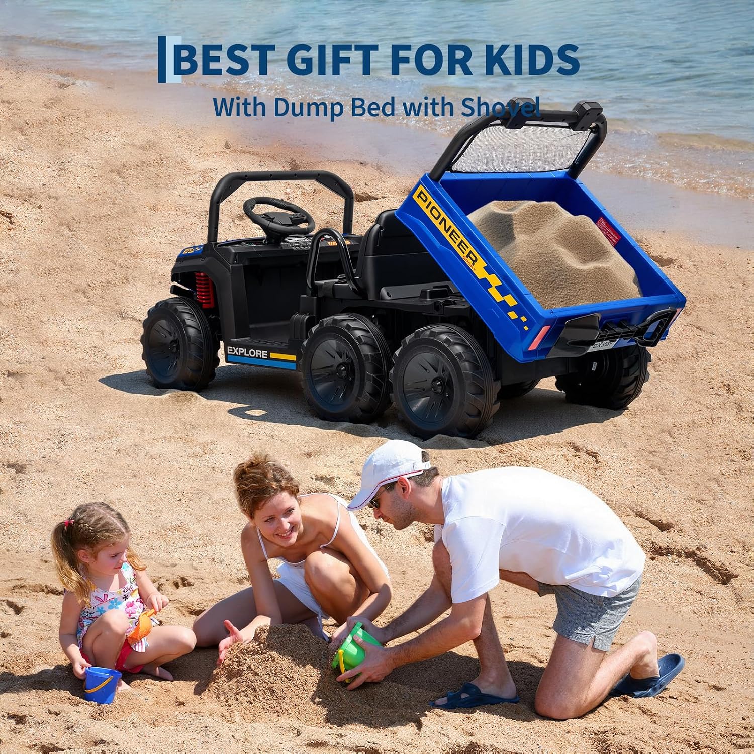 Hetoy 24V Ride on Toys, 2 Seater Dump Truck Car for Kids 4-8, 4WD Electric Tractor with Remote Control, Dump Bed, 3 Speed Modes, Music Player