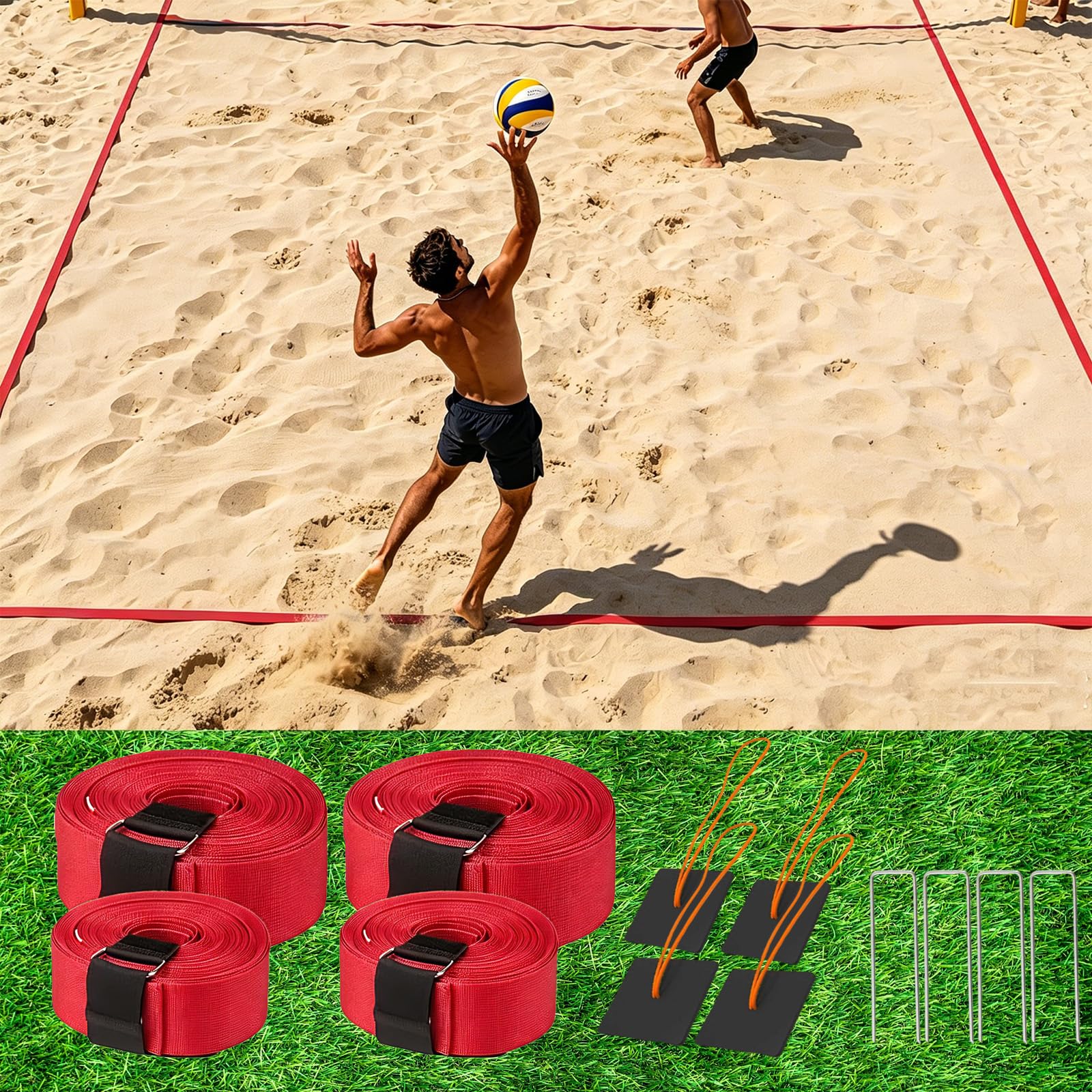 Linee 2 in 1 per beach volley, marcatura del campo da gioco con linea centrale, linee di campo da pallavolo portatile da fissare per spiaggia sabbiosa e prato, pallavolo, linee di spazio per sport