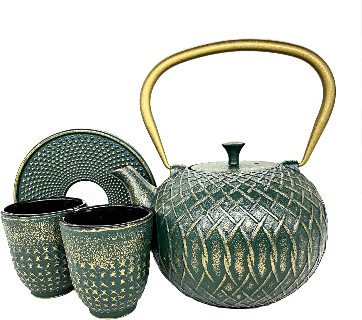 Cuisiland 33.8OZ Green Cast Iron Teapot with Two 4oz Cups and 1 Trivet