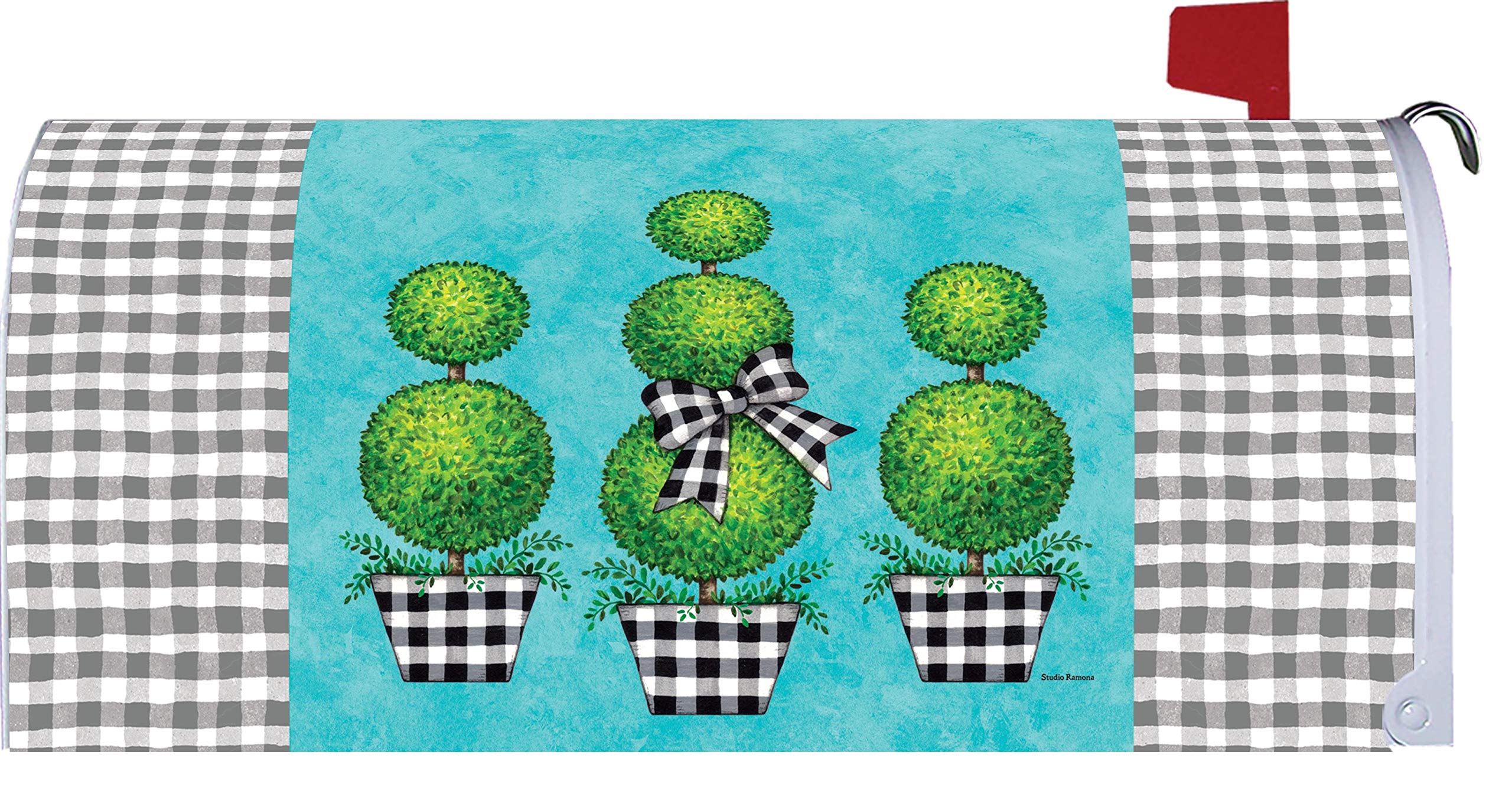 Custom Decor Gingham Topiary Welcome - Mailbox Makeover - Vinyl with Magnetic Strips for Steel Standard Rural Mailbox - Made in The USA - Copyright, Licensed and Trademarked Inc.