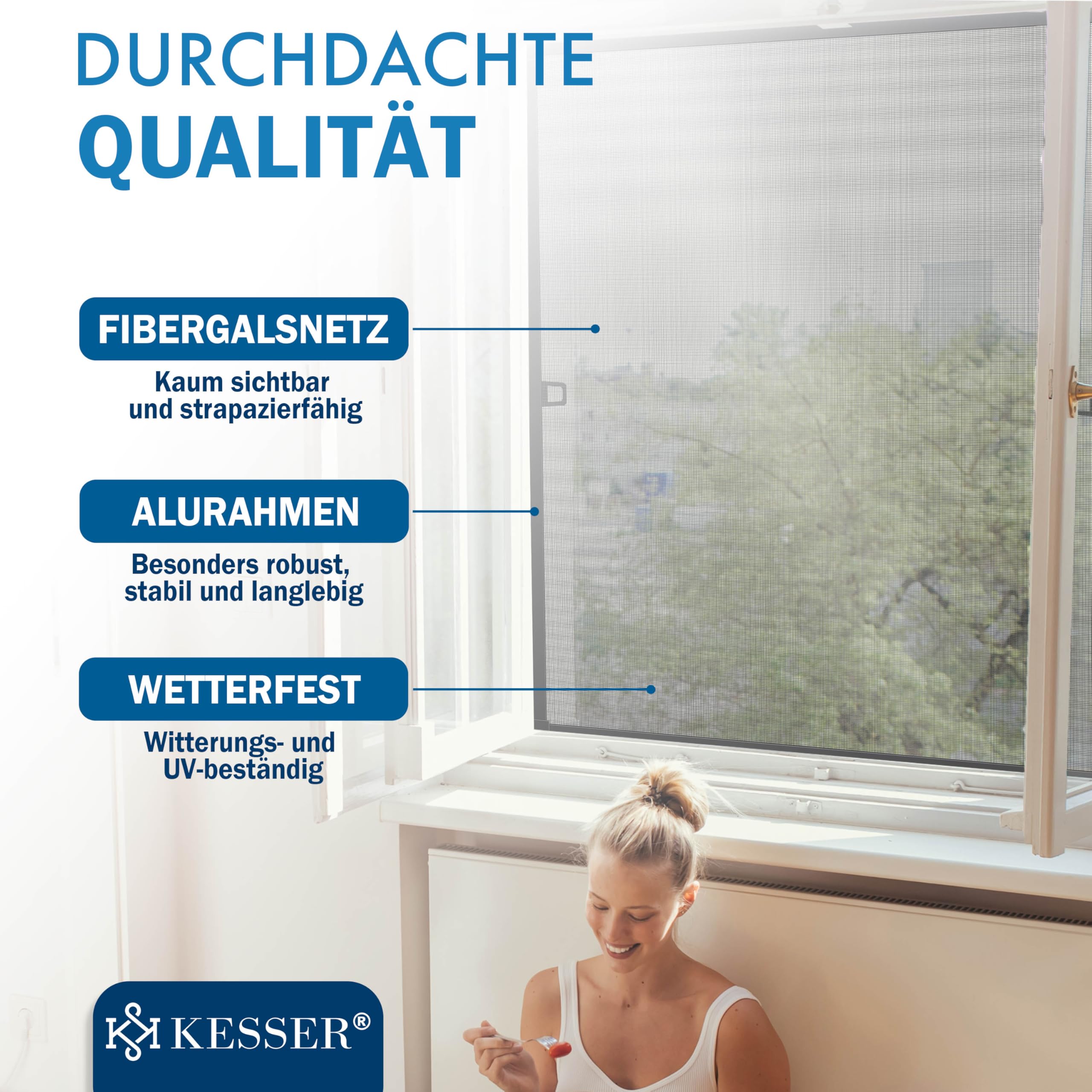 KESSER® - Mosquitera para ventana (110 x 130 cm, protección contra mosquitos con marco de aluminio, mosquitero enrollado sin taladrar, protección contra insectos, mosquitera para ventana