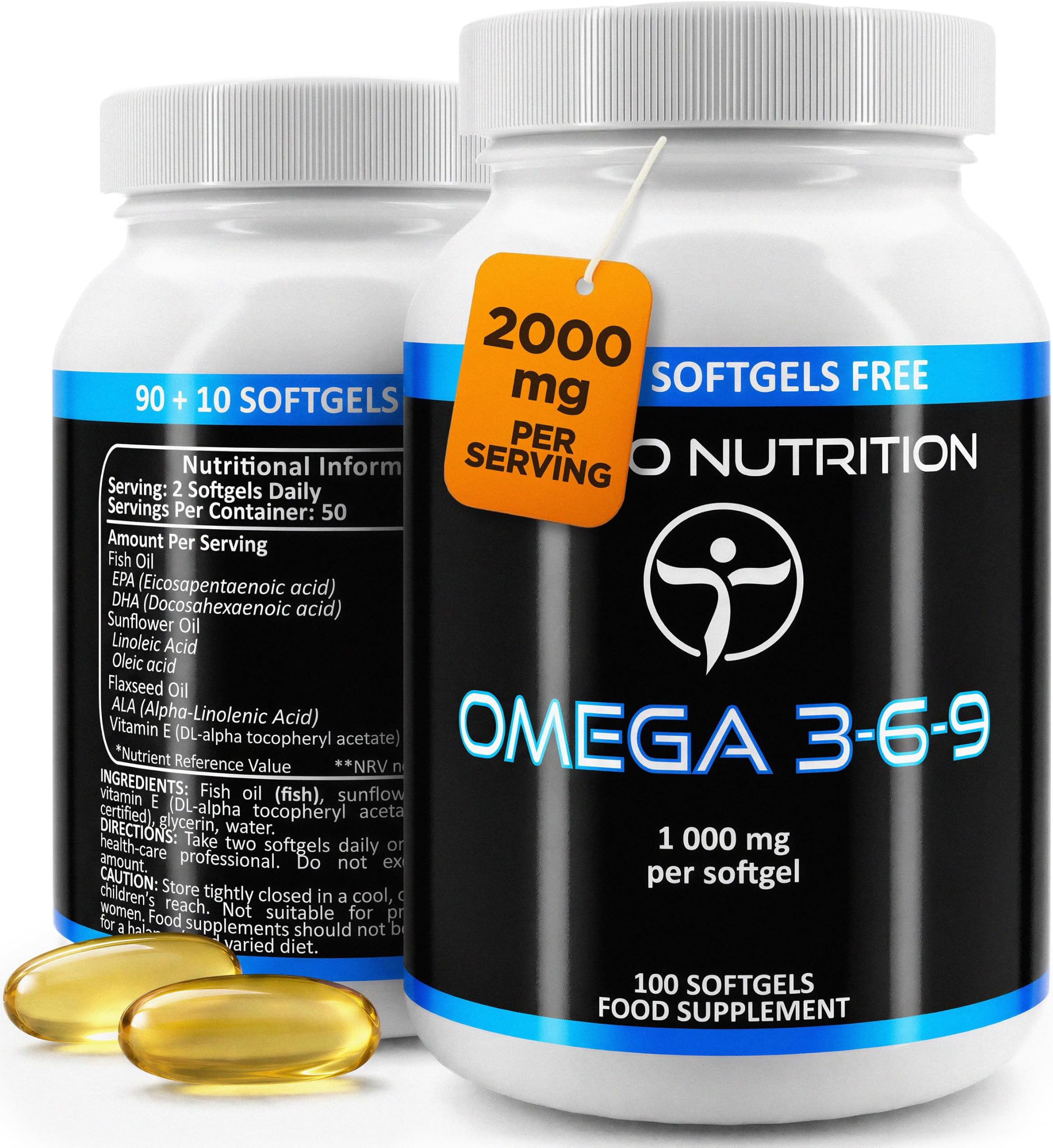 Omega 3 6 9 Capsules High Strength - 1000 mg per Softgel - 100 pcs (3+ Month Supply) of Essential Fatty Acids, Each with 1000mg of Premium Quality Omega 369 Fish, Sunflower, Flaxseed Oil and Vitamin E