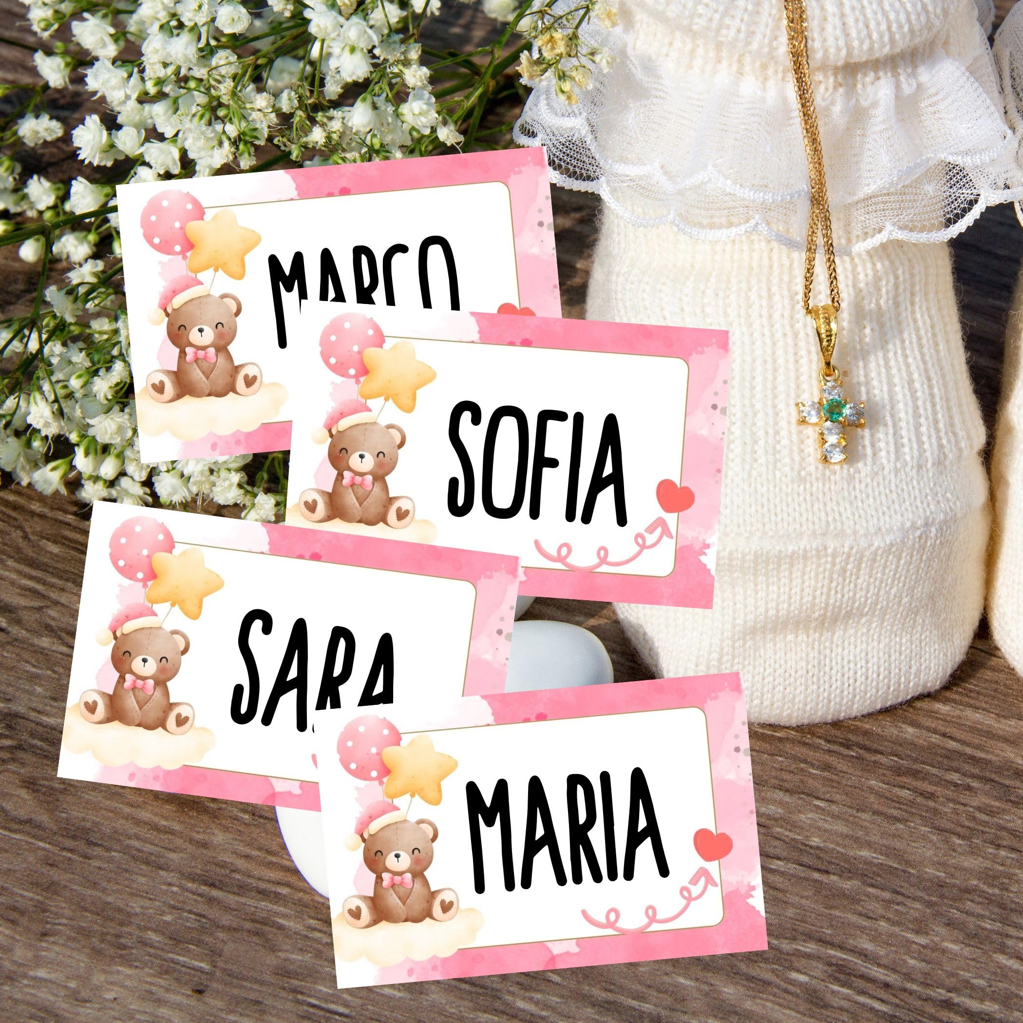 Segnaposto Battesimo Bimba - 50 Pezzi, Orsetto Rosa, Per Tavolo Compleanno, Comunione - Foto 5