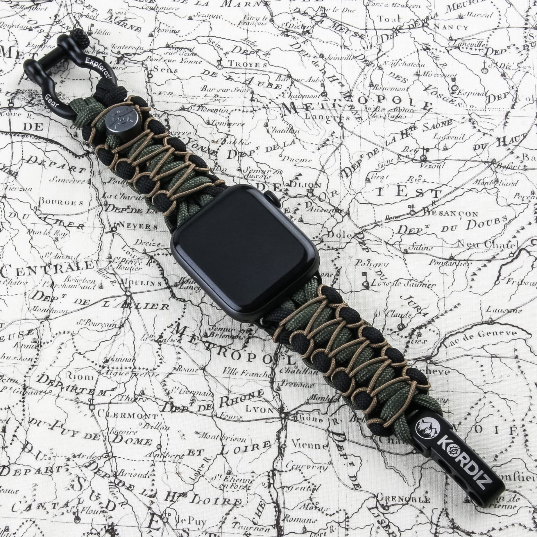 KORDIZ Survivor Pro - Correa de reloj de paracaídas compatible con Apple Watch de 42 mm, 44 mm, 45 mm, con grillete ajustable de acero inoxidable (negro/verde y micro coyote, M)