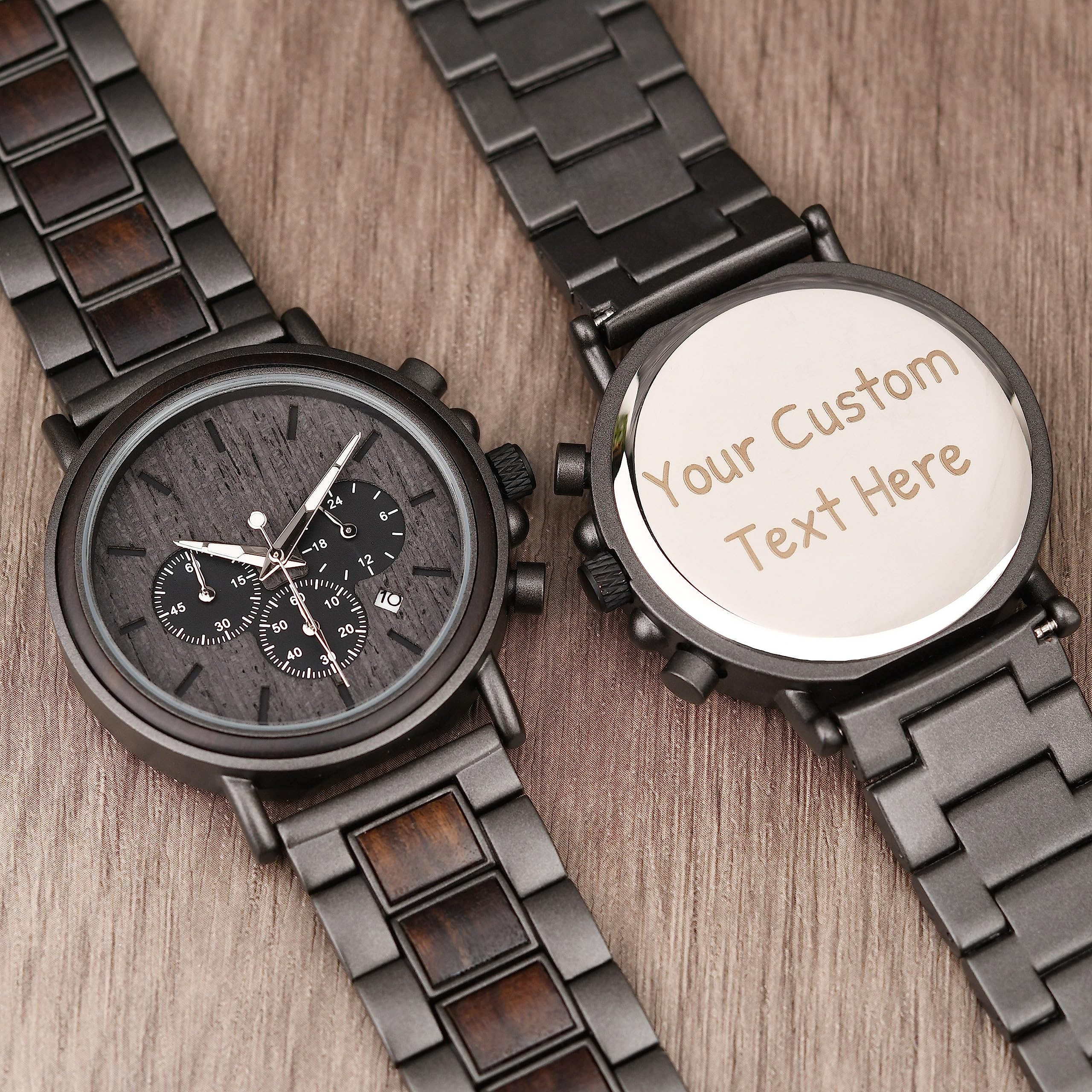 Personalisierte Herren-Holzuhr mit Gravur, Geburtstag, Jubiläum oder zu Weihnachten, Chronograph, Datumsanzeige und Leuchtzeigern