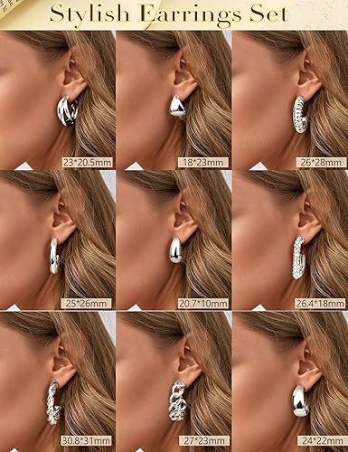 Miniatura 3 de YADOCA 9 pares de aretes de clip de oro para mujer, chapados en oro de 14 quilates, aretes de aro gruesos con forma de gota de agua, sin