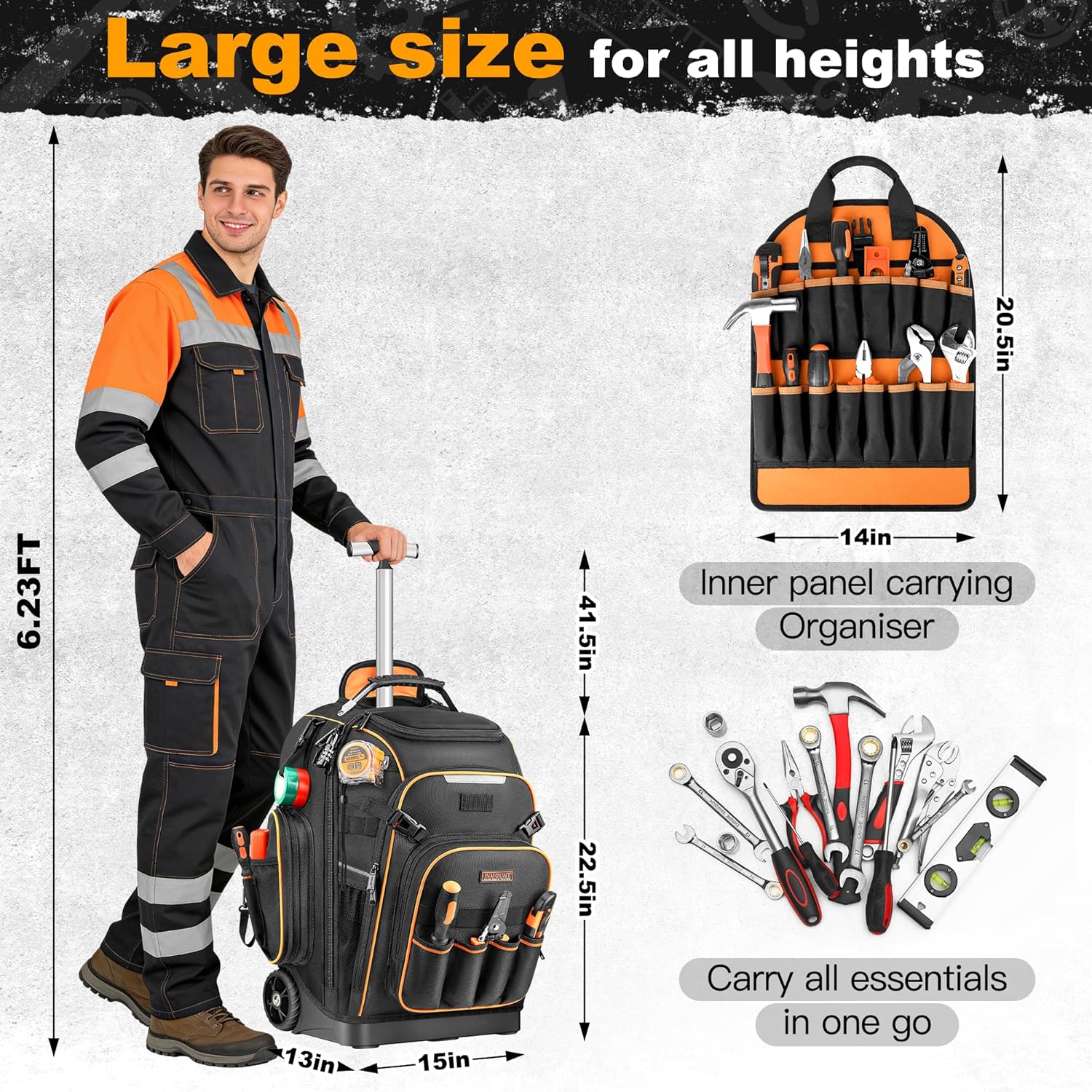 Rolling Tool Backpack Bag with Wheels, Heavy Duty Tool Bag on Wheels for Men, HVAC Electrician Plumber Large Tool Organizer with Molded Base, Combination Lock & USB Port for Construction Jobsite