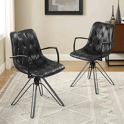 Art Leon Silla giratoria Accent sin ruedas juego de 2 sillón moderno de cuero sintético de mediados de siglo con patas revestidas de polvo negro