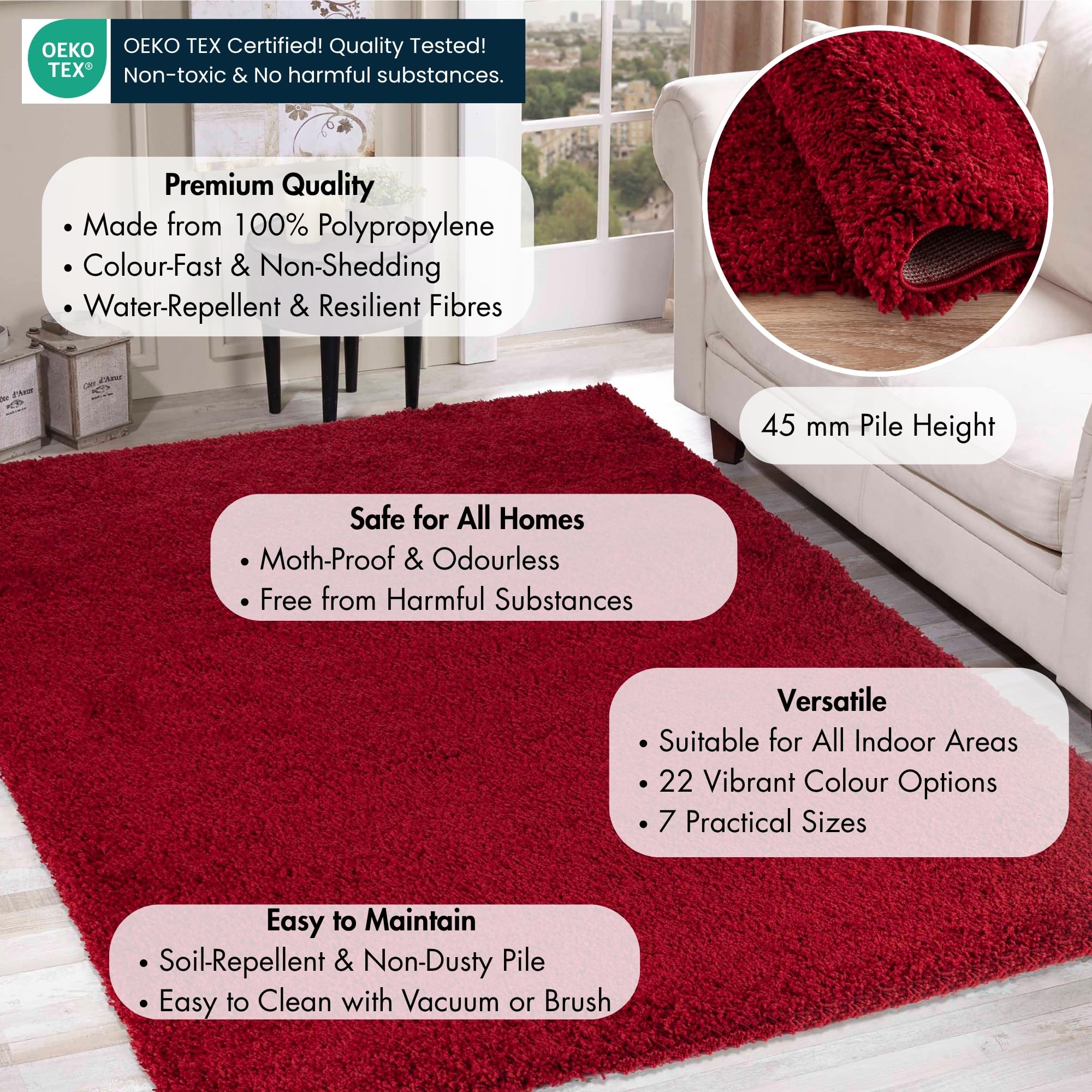 Serdim Rugs Shaggy Tapis à Poils Longs en polypropylène pour Salle à Manger Rouge 120 x 170 cm