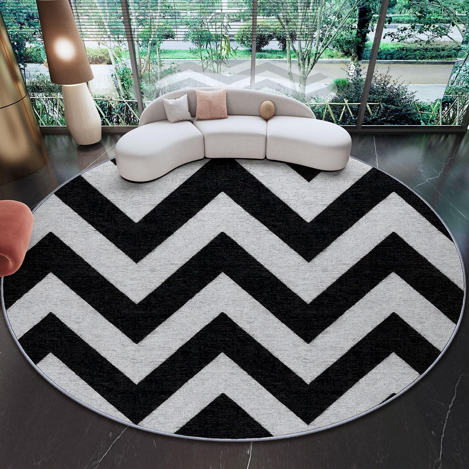 Tapis rond 150 cm lavable avec moquette antidérapante noire