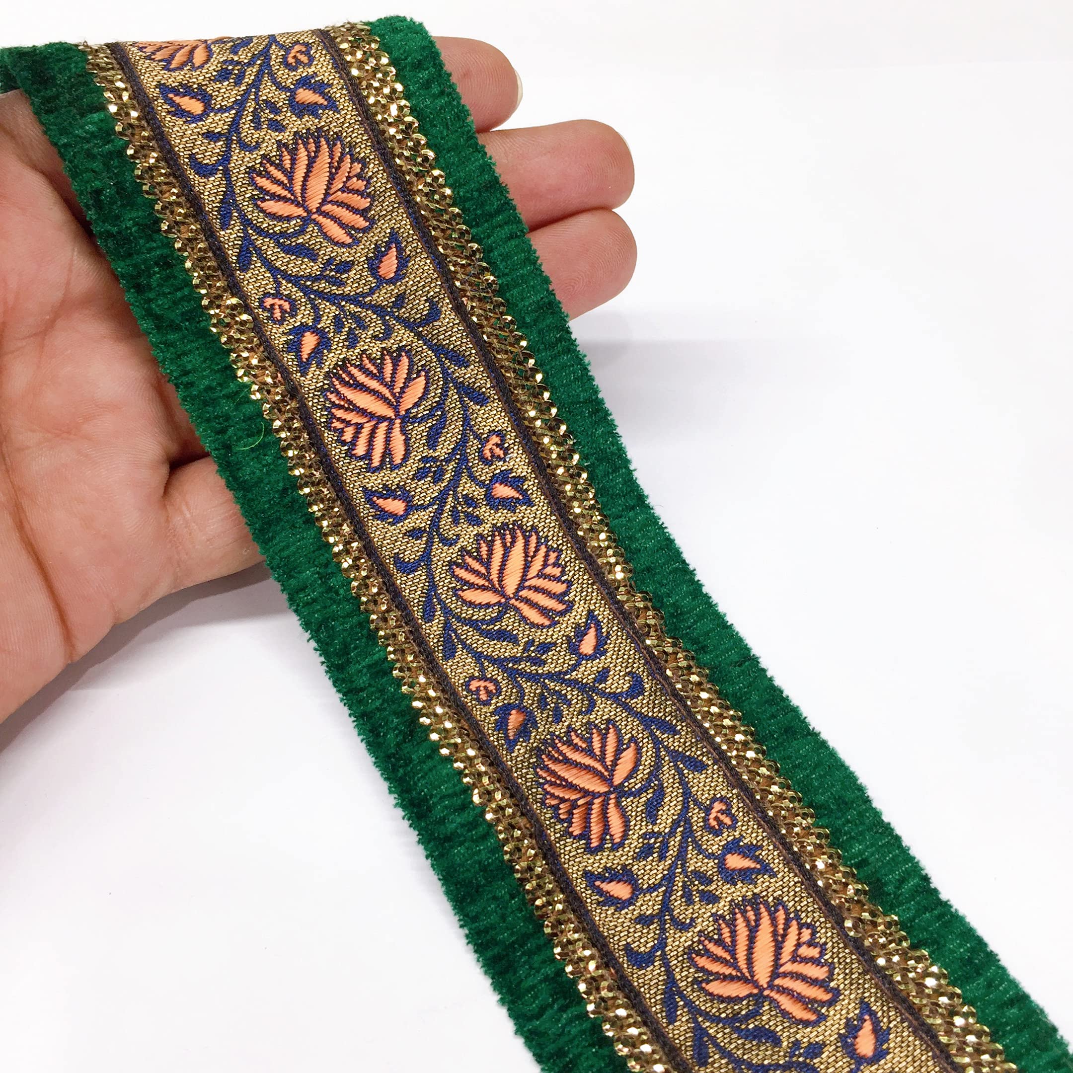 Lami 9 Meter Orange & Green Border Flower Design Weaving Work Lace with Sequins Work, Banarasi Saree Lace Border Trim Ribbons, Bridal Lehenga Saree Dupatta Suit Anarkali Indian Fashion Accessories