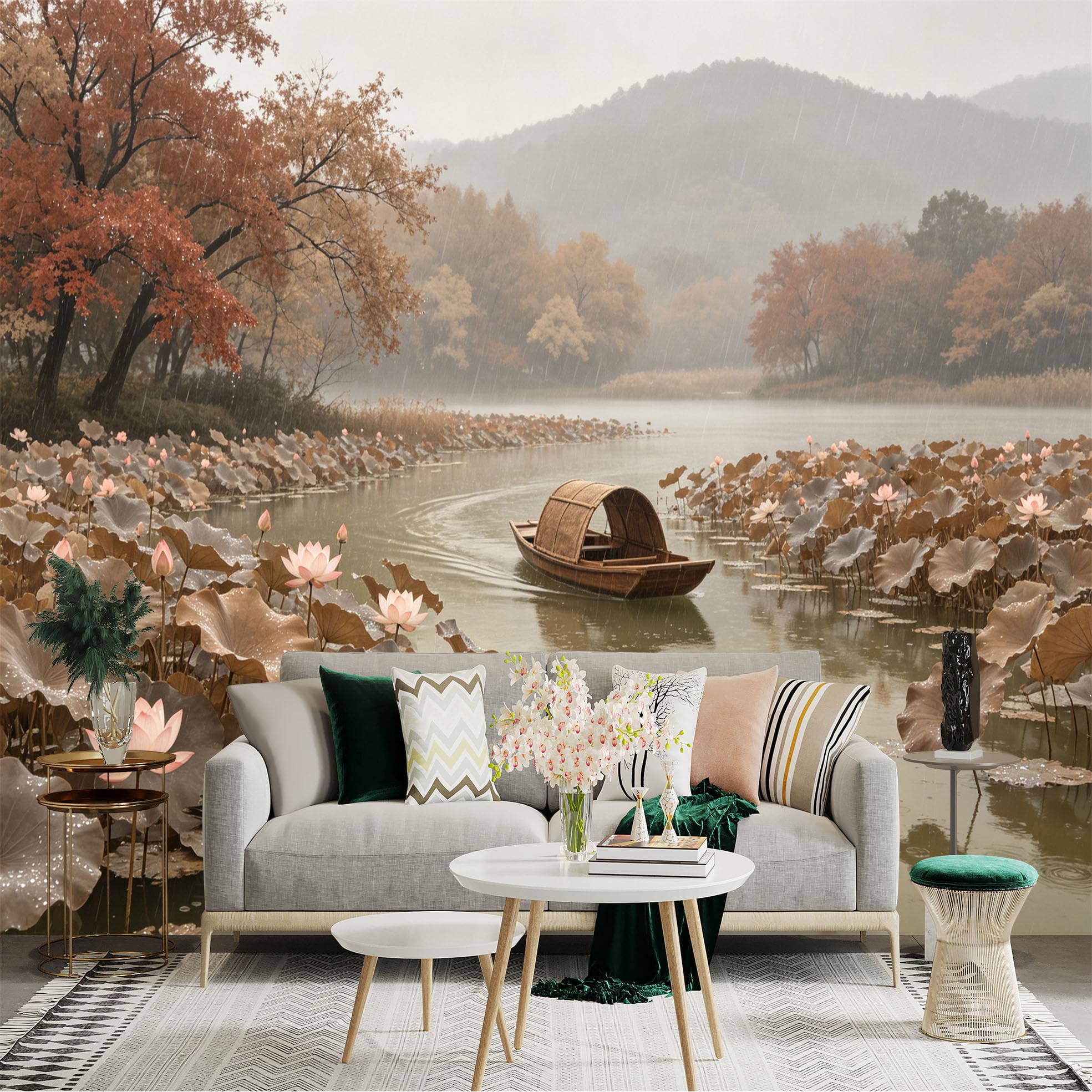 Custom Size Wall Sticker Mural， Oriental Misty Lake， Rainy Autumn Landscape， Traditional Boat， Blooming Lotus Flowers， for wall Decoration， peelandstick wall Decals.