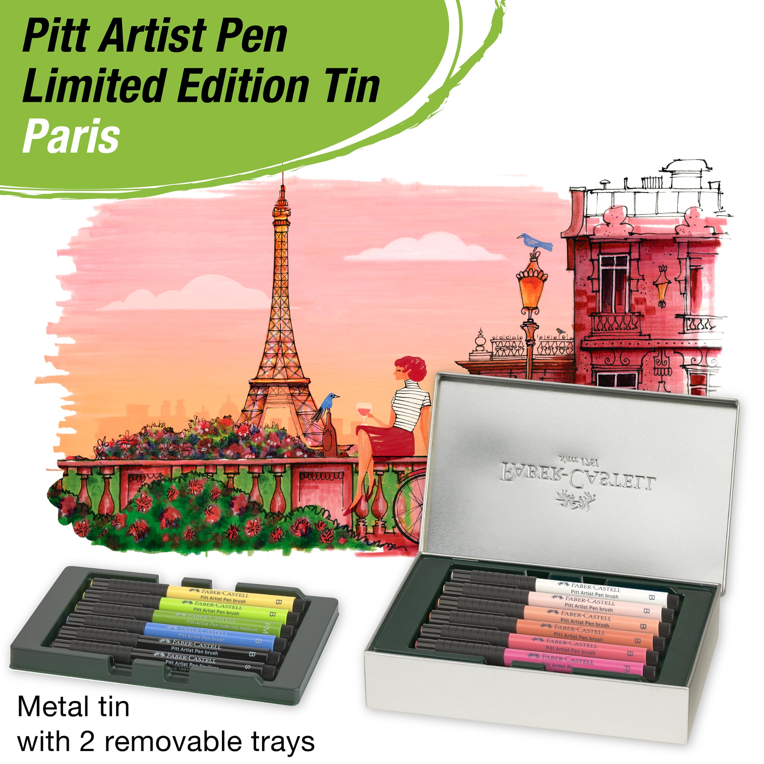 Faber-Castell - Set regalo con penne a inchiostro Pitt Artist Pen, Parigi | 12 pennarelli a pennello in confezione metallica, City Collection