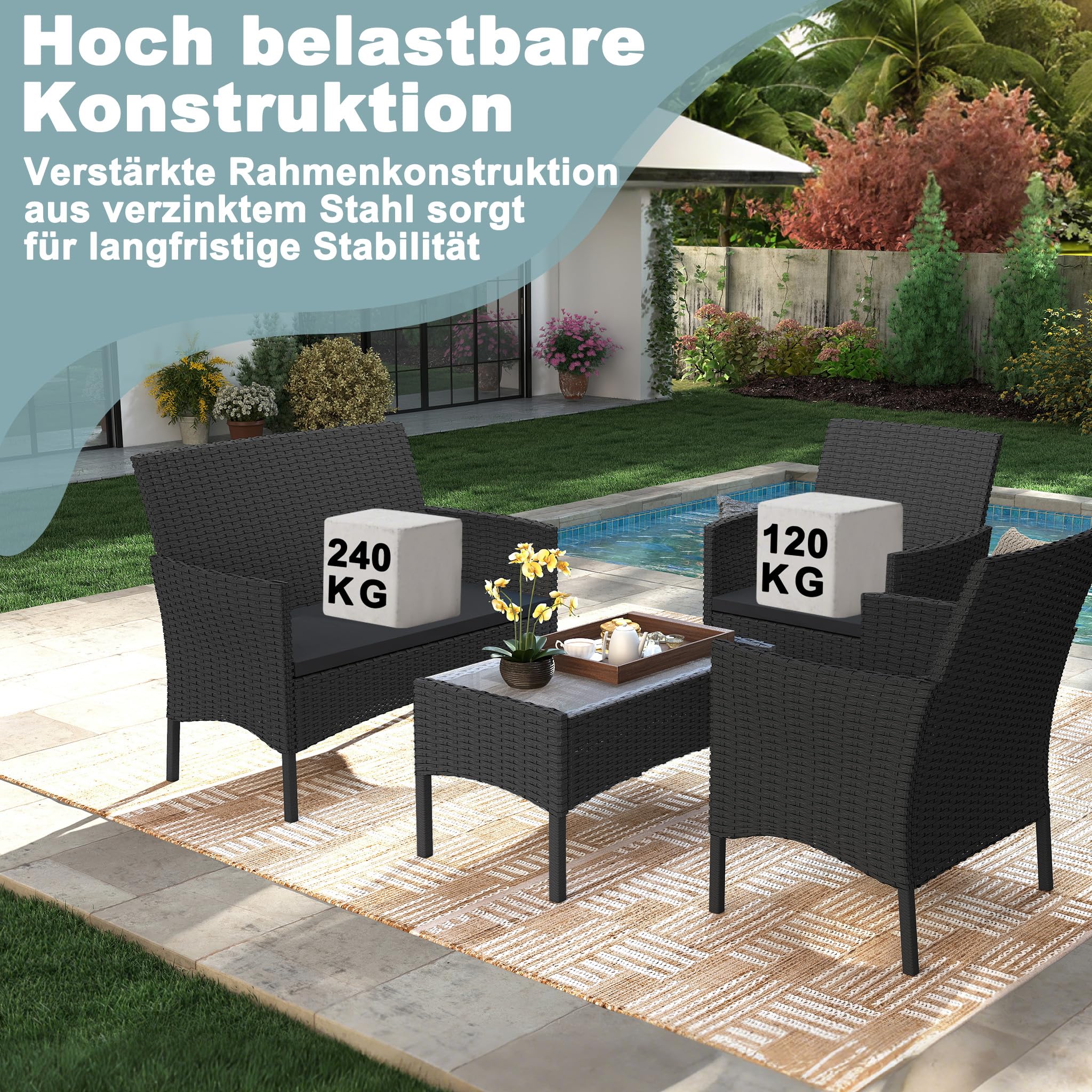 4-teilig Gartenmöbel Set, PE-Polyrattan Lounge Möbel mit 2-Sitzer Sofa, 2 Sesseln & Glastisch, Wetterfest & Pflegeleicht, Sitzgruppe für Balkon, Terrasse, Poolbereich, Anthrazit
