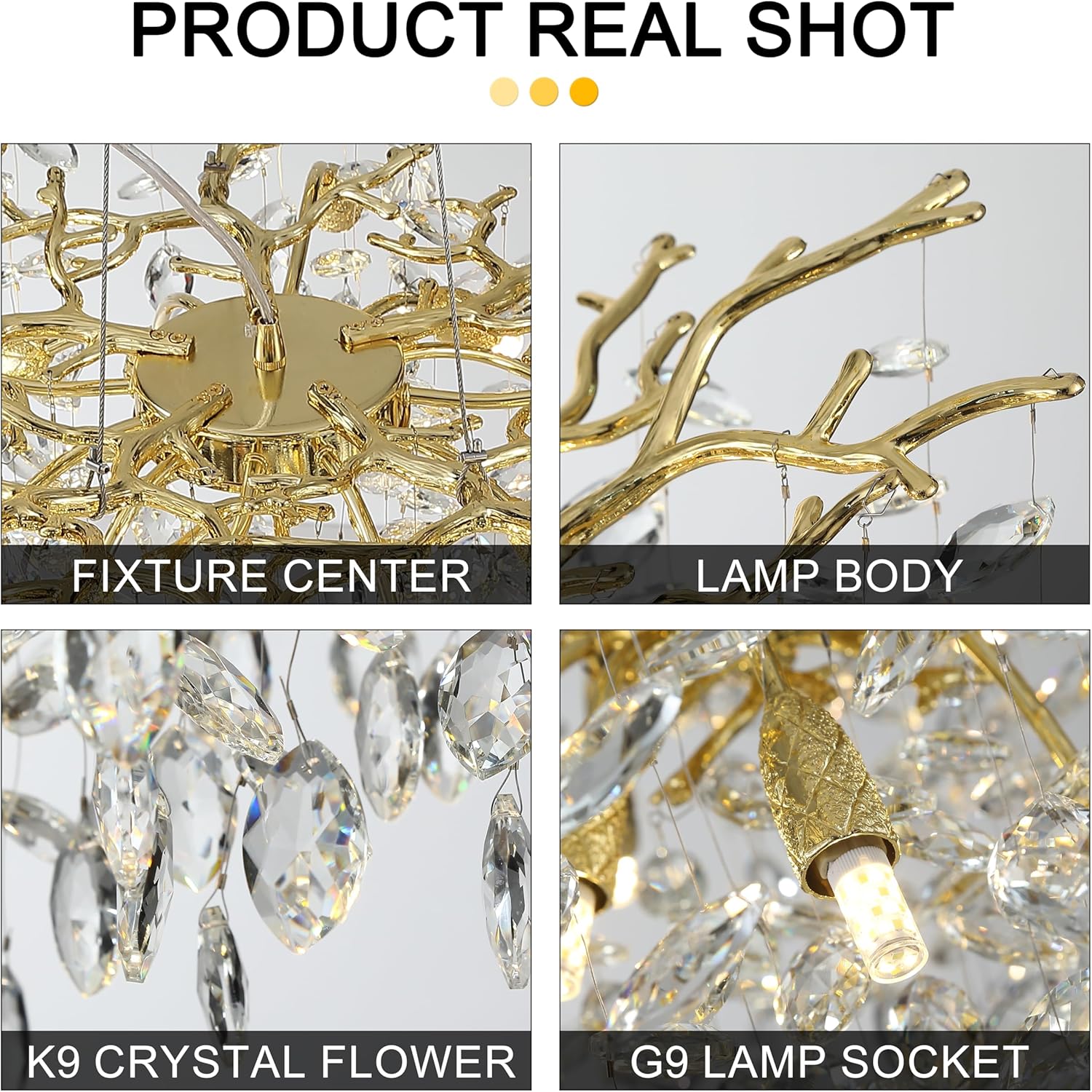 Modern Crystal Tree Branches Chandelier, 18in Gold 6 Lights Large Ceiling Hanging Light for Dining Room, Round Raindrop Pendant Light Fixture