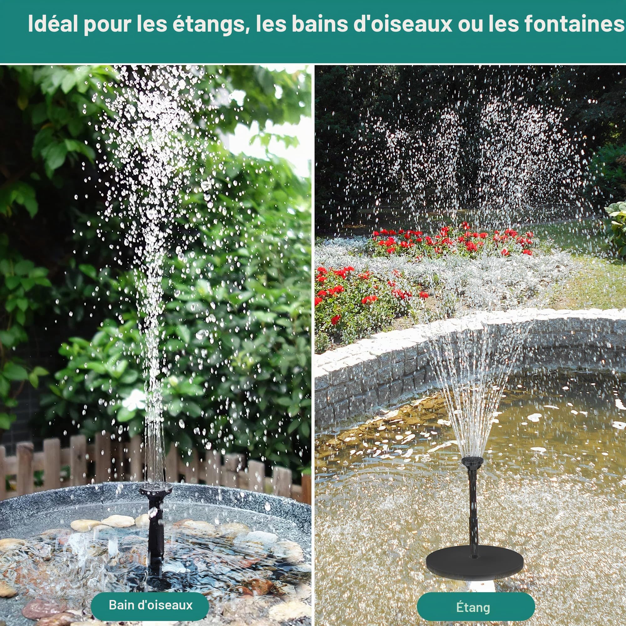 Biling Pompe Solaire de Bassin avec Batterie, 8 W, 300 l/h, Silencieuse, avec 8 Buses, Fontaine Solaire Extérieure avec Tuyau d'Écoulement pour Bassin de Jardin, Ventilation jusqu'à 500 l