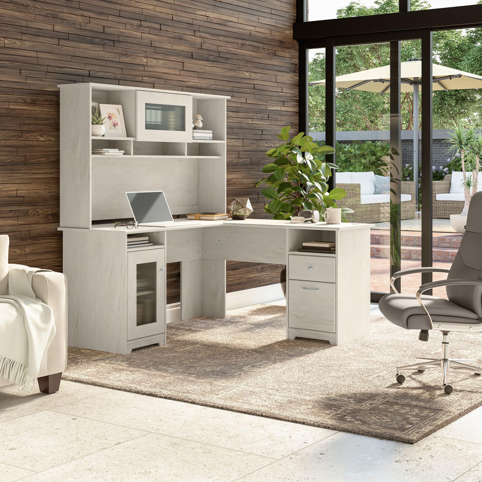 Bush Home Cabot L Shaped Desk with Hutch, Corner Desk with Storage for Home Office in Linen White Oak, 60W L Shaped Computer Desk - 2