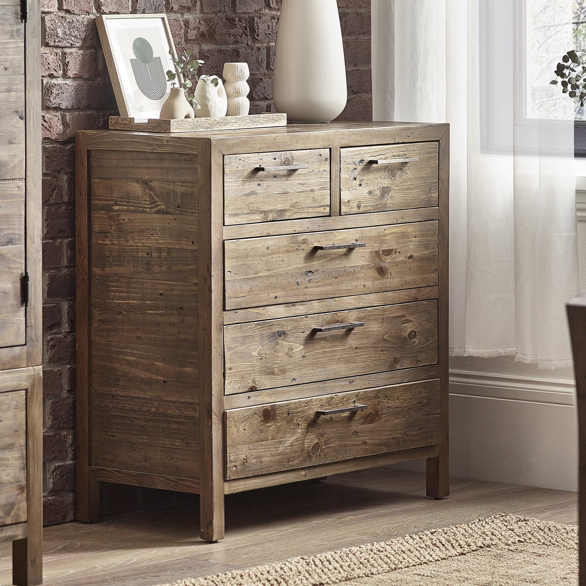 Julian Bowen Heritage 5 Drawer Chest of Drawers - Distressed Finish - Reclaimed Wood/Metal - Brown