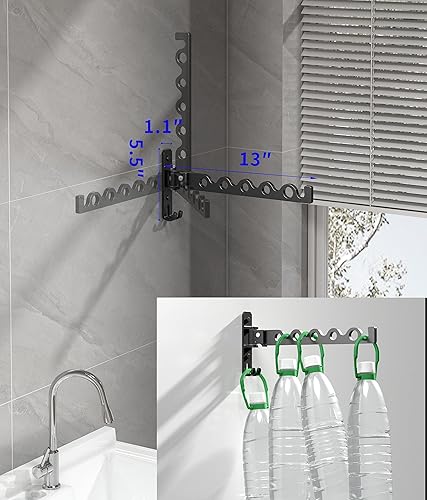 Miniatura 8 de Percha de pared para ropa, perchero montado en negro mate, organizador retráctil de secado de ropa, ganchos de aluminio plegable para interiores (2