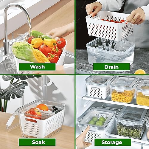 Miniatura 4 de Contenedores de almacenamiento de frutas de 4 piezas para refrigerador, colador extraíble y a prueba de fugas, aptos para lavavajillas y microondas,