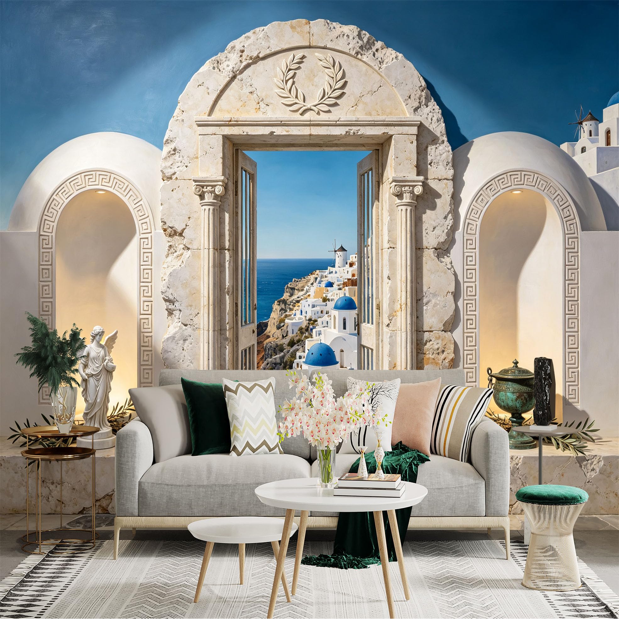 Custom Size Wall Sticker Mural， Mediterranean Coastal Archway， Blue Dome Seaside Village， for wall Decoration， peelandstick wall Decals.