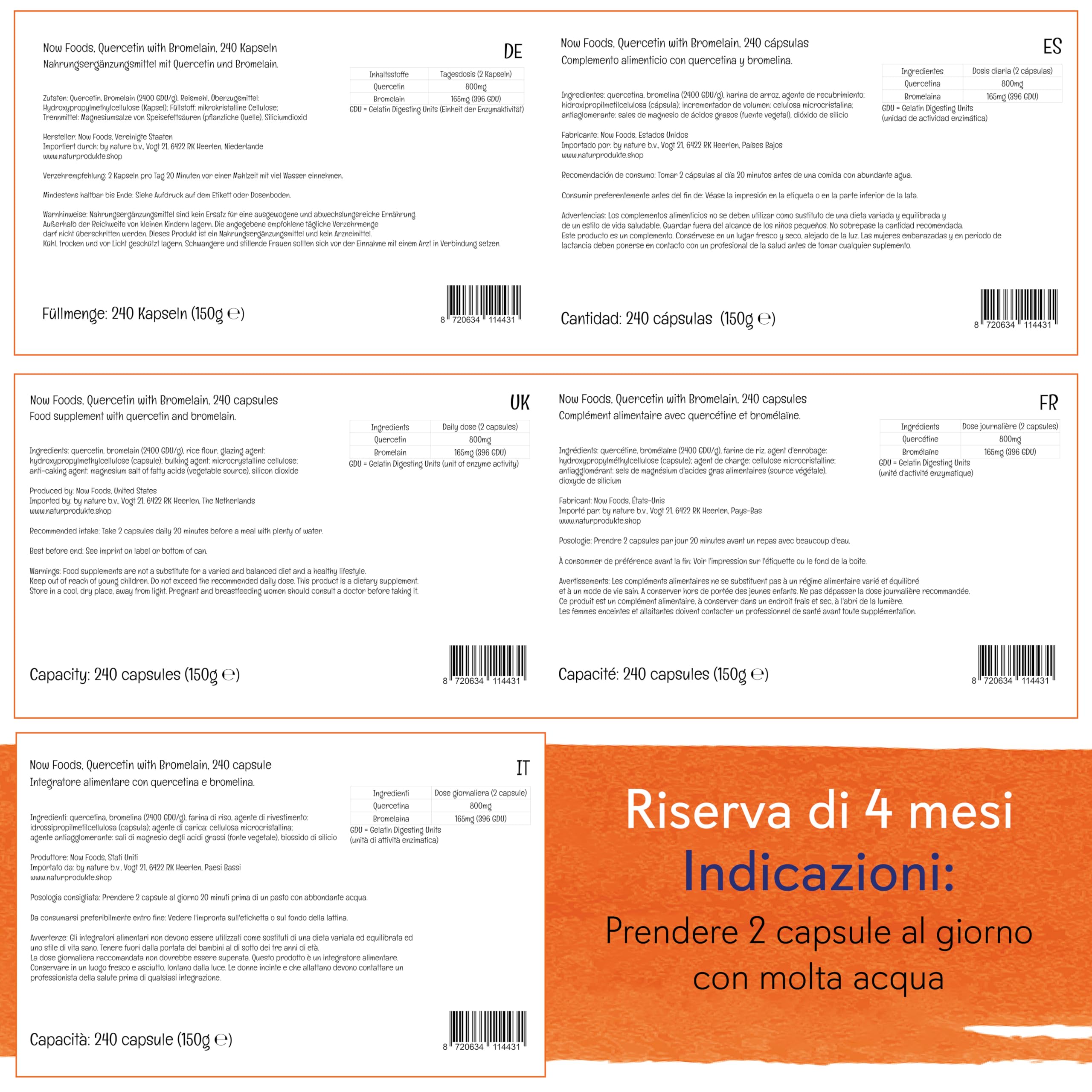 Now Foods Quercetin con bromelina, Altamente Dosato, 240 capsule Vegane, Testato in Laboratorio, Senza Soia, Senza Glutine, Vegetariano, Non-GMO