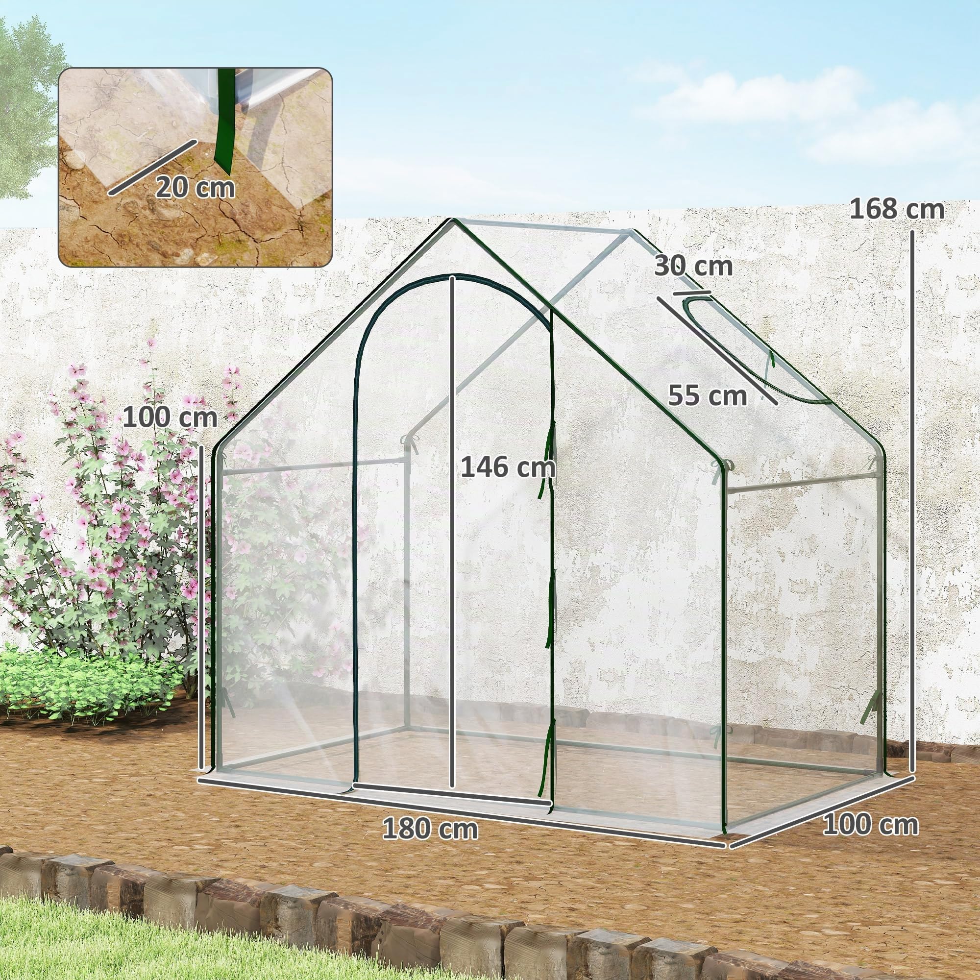 Outsunny Gewächshaus mit Fenster aus Stahl 180 x 100 x 168 cm Transparent