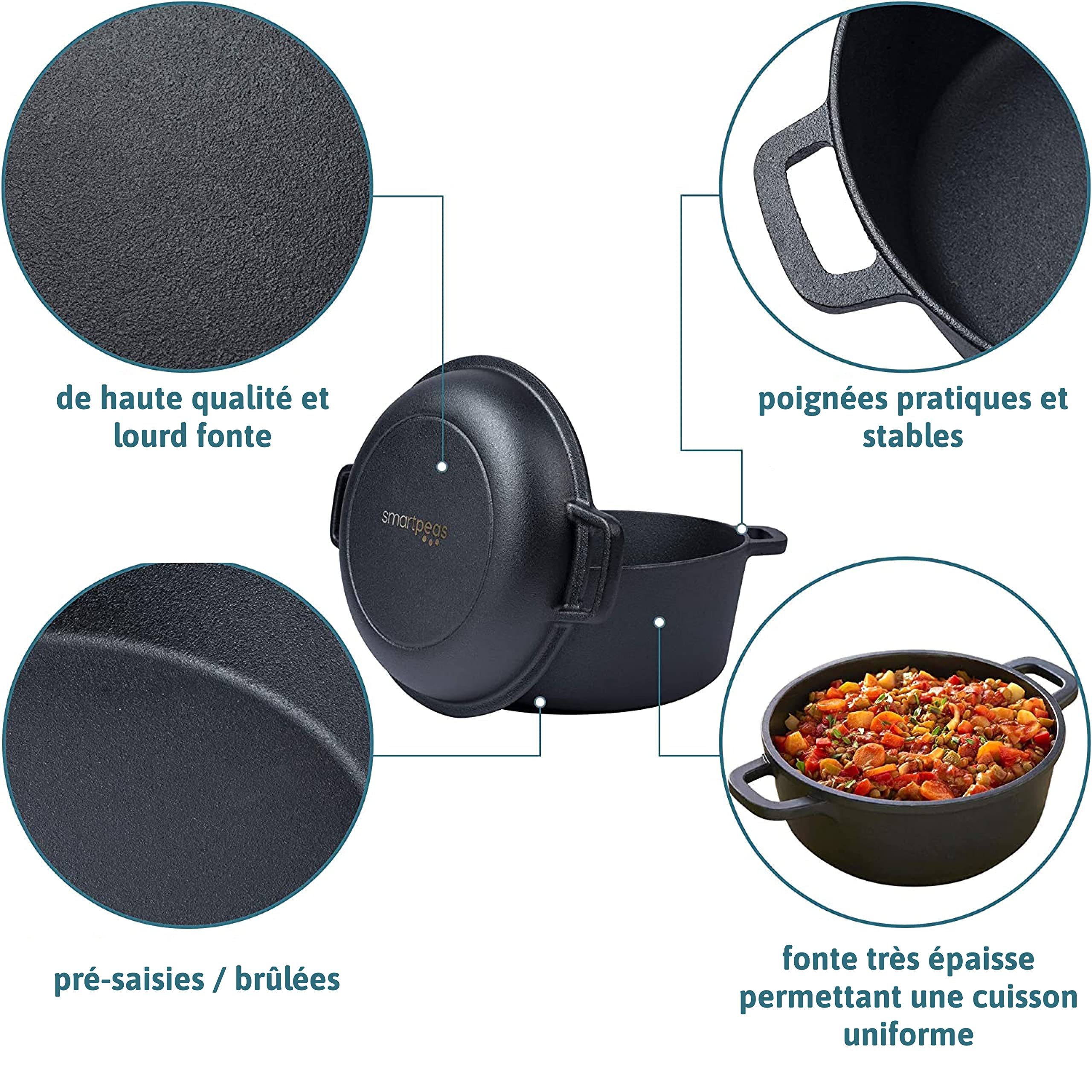 Cocotte En Fonte Avec Couvercle - Casserole Profonde En Fonte Avec Couvercle – Marmite En Fonte + Gants De Cuisine