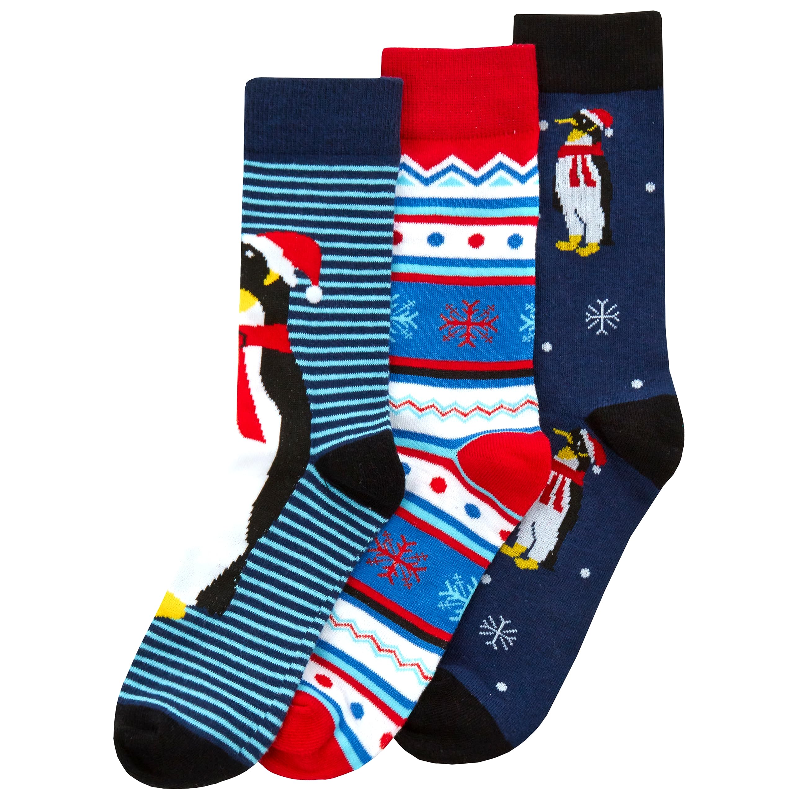 Metzuyan 3 Pairs Mens Christmas Socks Novelty Xmas Festive Socks 6-11 Stocking Filler Gift Idea Navy Penguin
