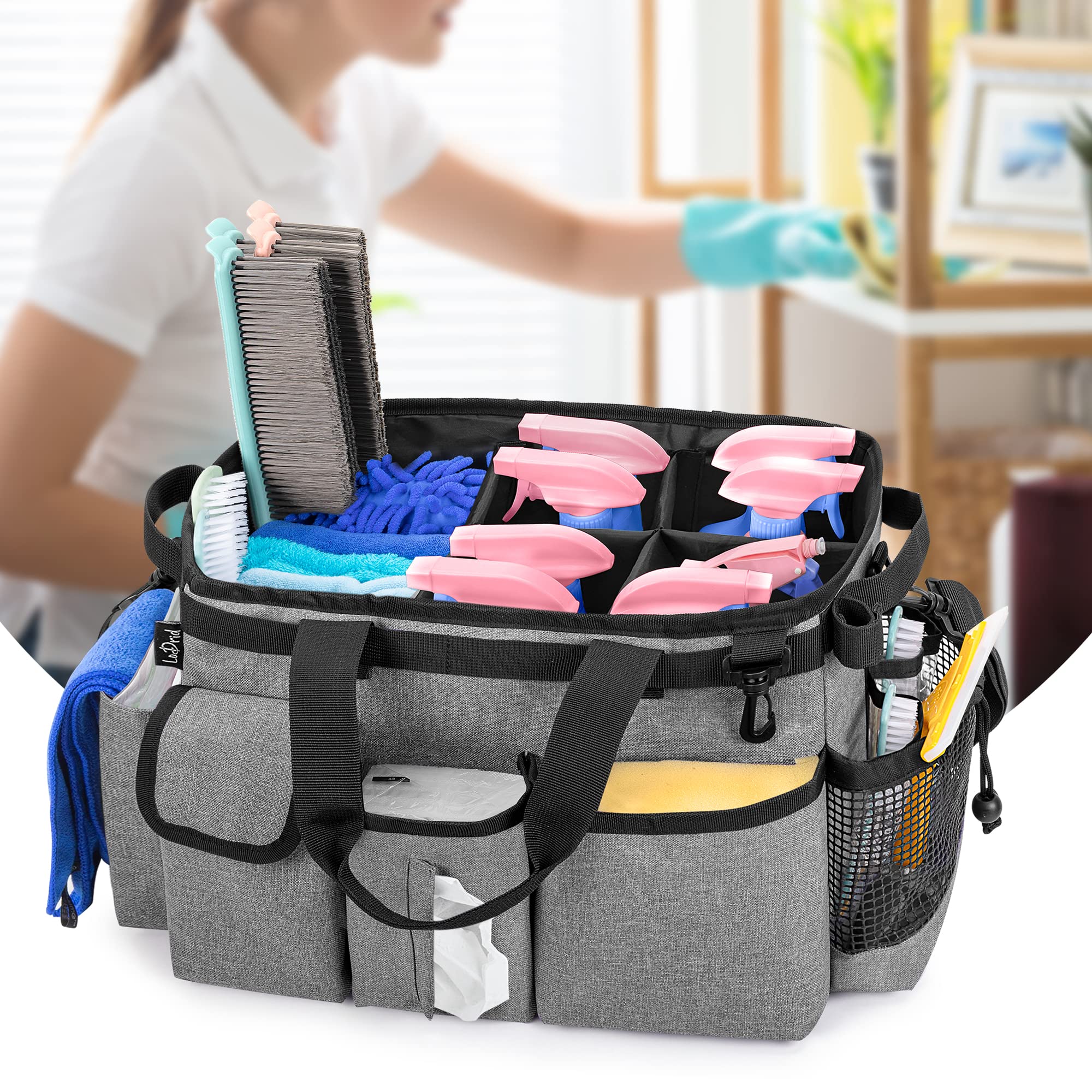 Borsa Portaoggetti Per La Pulizia Con Manico E Tracolla - Grande Contenitore In Tessuto Oxford 900D, 5 Scomparti, Grigio