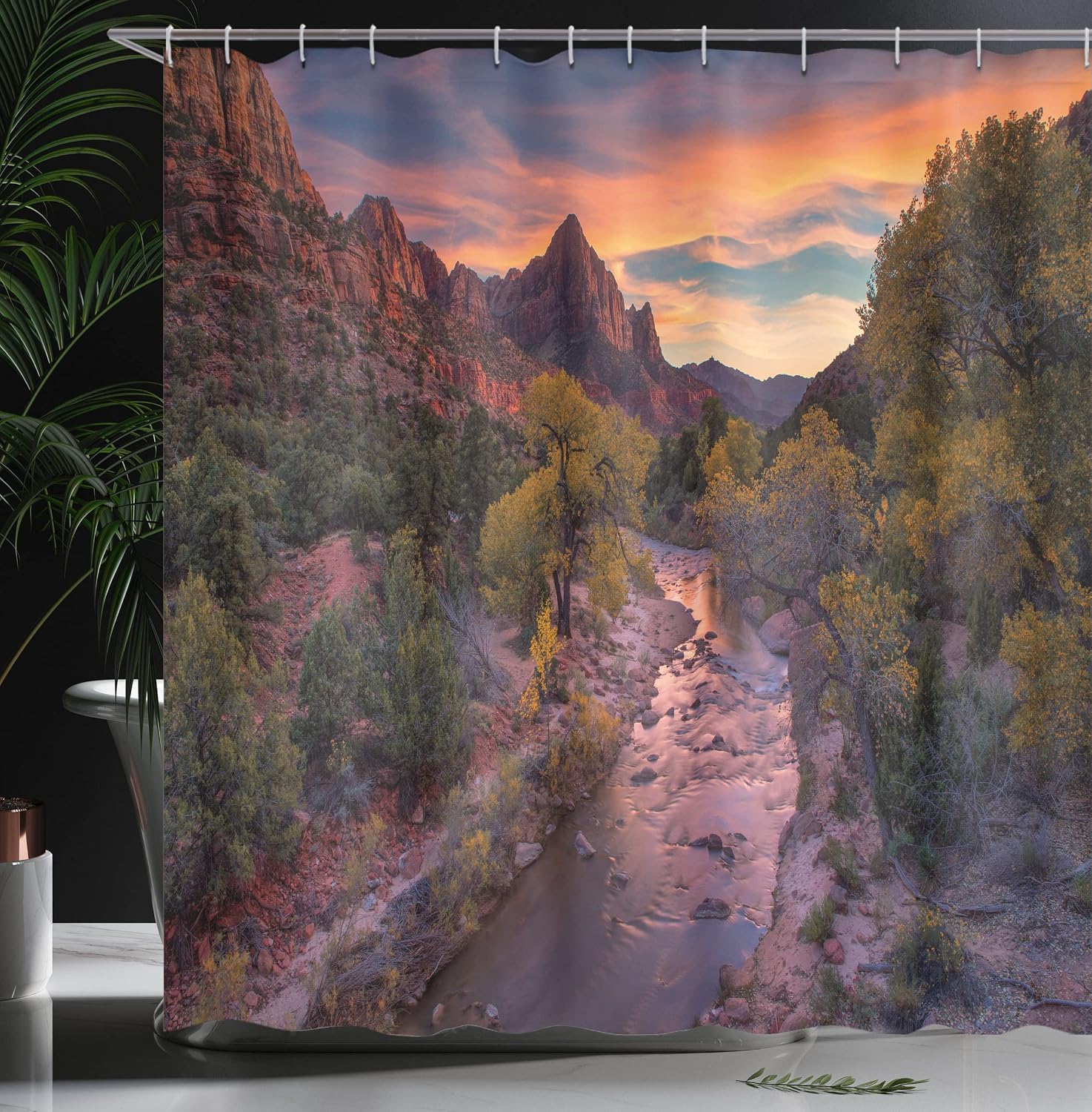 Lunarable Zion National Park Shower Curtain, Picturesque Scenery of Watchman Mountain and Virgin River at Sunset, Cloth Fabric Bathroom Decor Set with Hooks, 69" W x 70" L, Violet Sunset