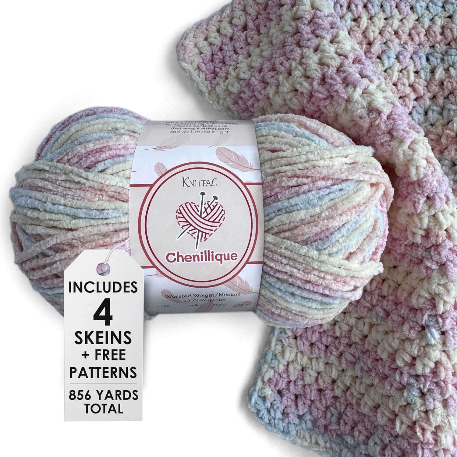 Chenillique Velvet Chenille Yarn for Crocheting, 4-Pack (856Yds / 400G), Free Patterns, Beginners Friendly - Soft Baby Yarn for Knitting Baby Blanket - #4 Medium Worsted Weight - Pink Sorbet
