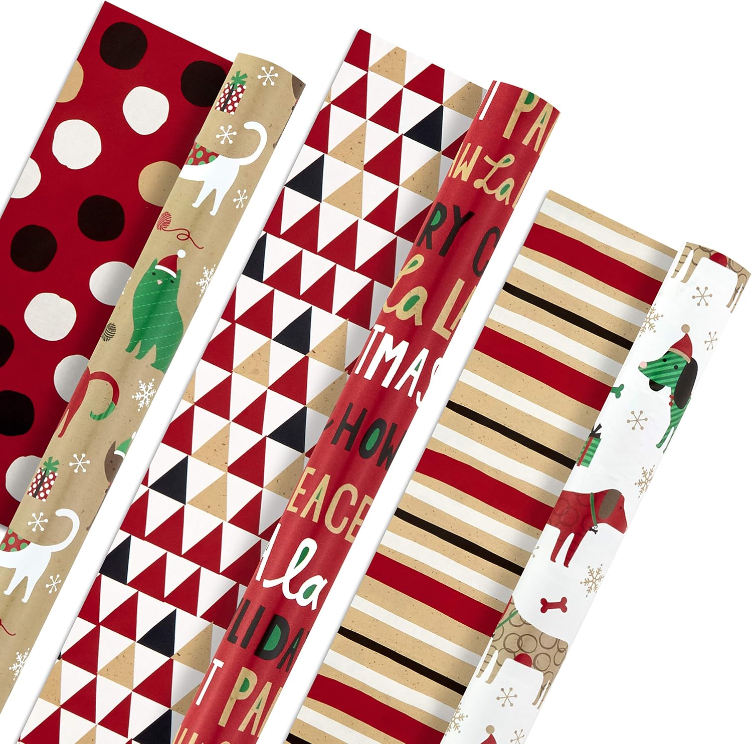 Hallmark Christmas Reversible Wrapping Paper Bundle, Pets and Patterns (Pack of 3, 120 sq. ft. ttl) Cats, Dogs, Stripes, Polka Dots, Paw La La La (5JXW1035)