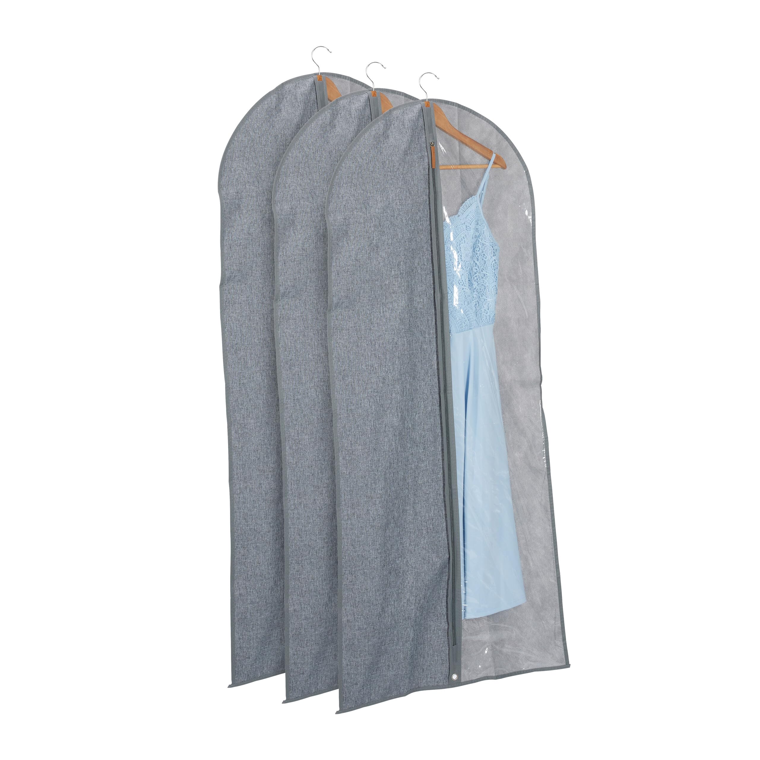 Relaxdays Lot de 3 Housses à vêtements, avec Fermeture éclair, 135 x 58 cm, protège-​Costumes, Robes, Gris - Transparent