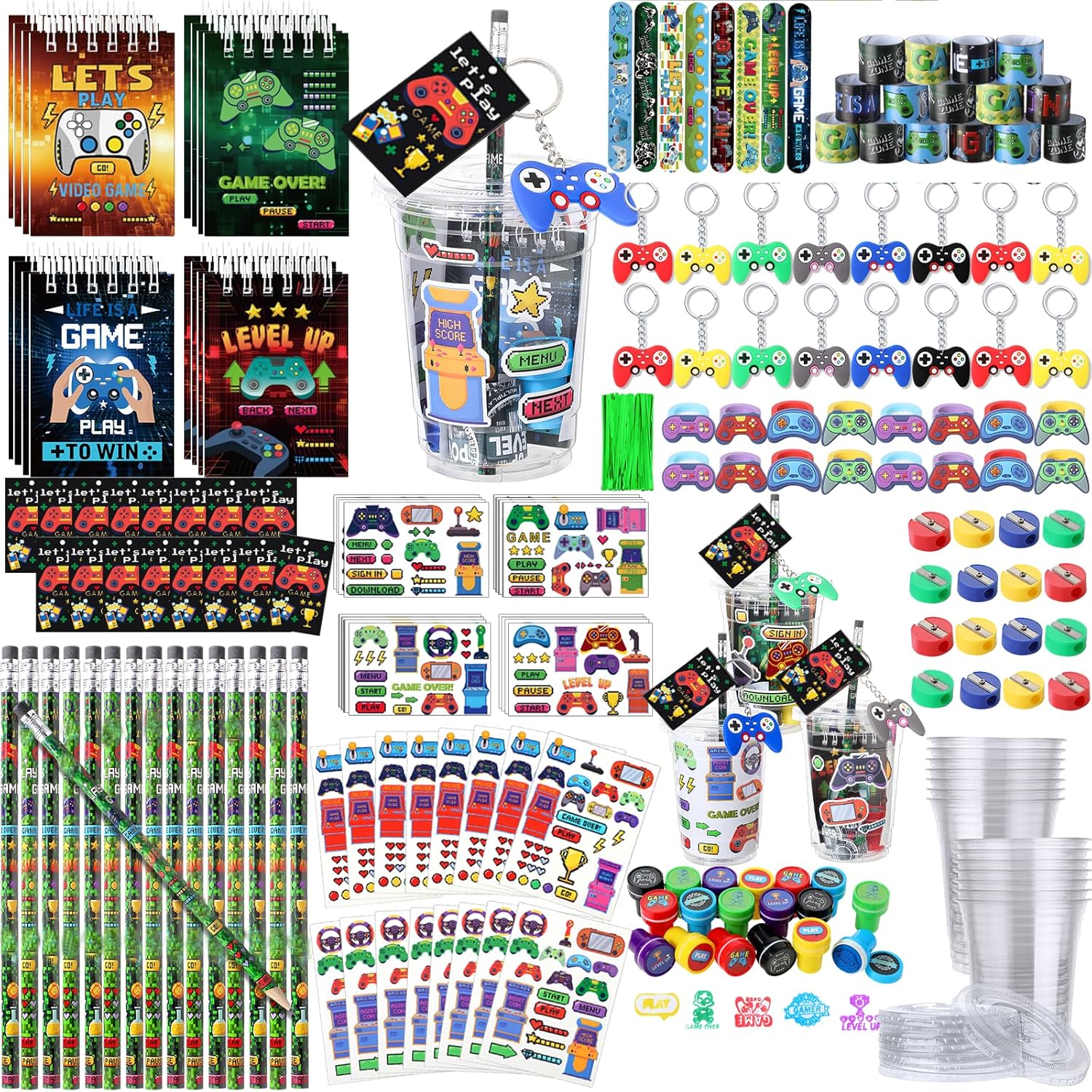 265 Pcs Video Game Party Favors Gamer Birthday Party Decorations Gamer Cups Notebook Pencils Sharpener Keychain Slap Bracelets Ring Stamp Sticker for Gaming Supplies Reward Gift