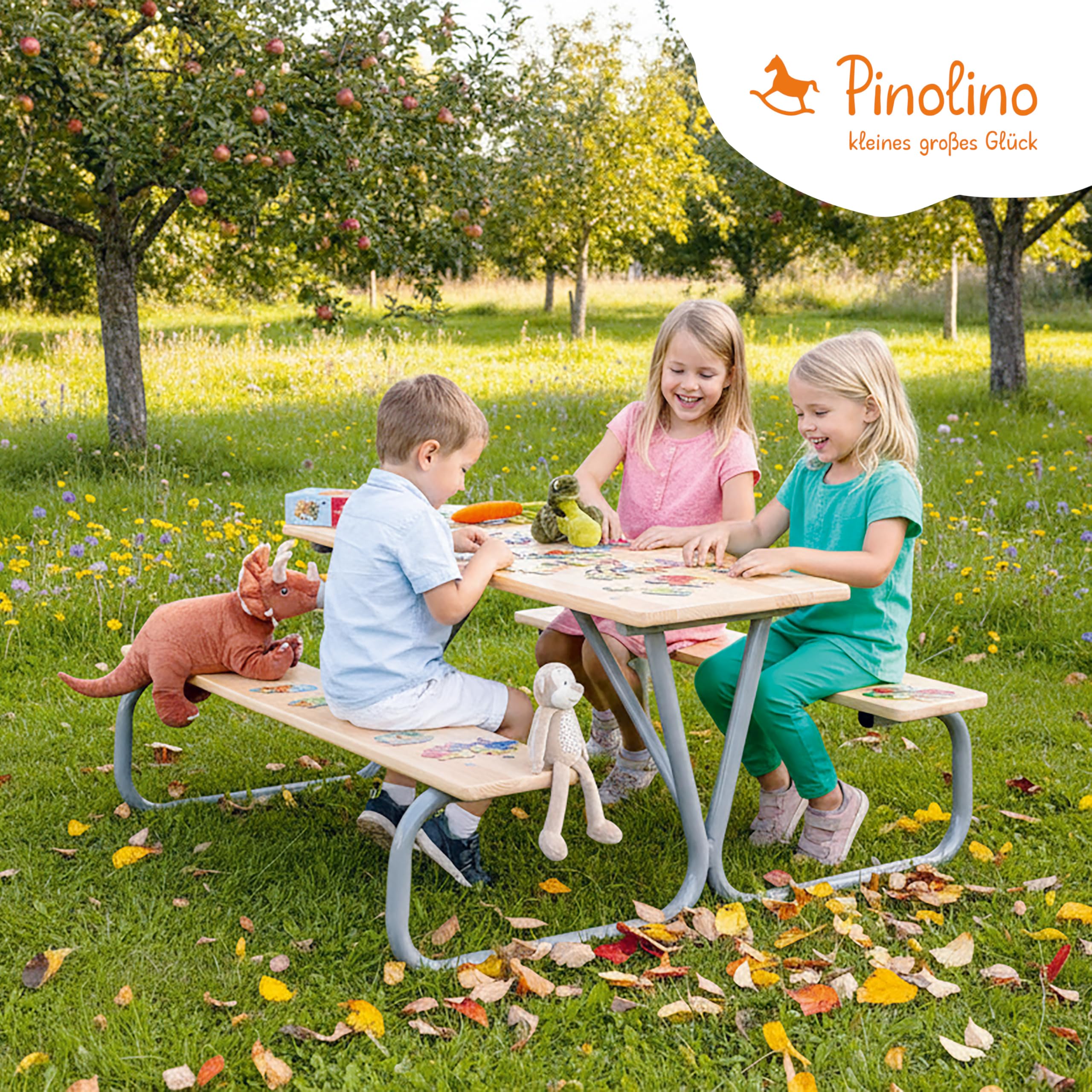 PINOLINO Michel Kindersitzgarnitur - Kinder Sitzgruppe - Kindertisch mit 2 Bänken & 1 Tisch - Kindersitzgarnitur aus Holz - Picknicktisch - Sitzgruppe für Kinder ab 3 Jahre, Grau