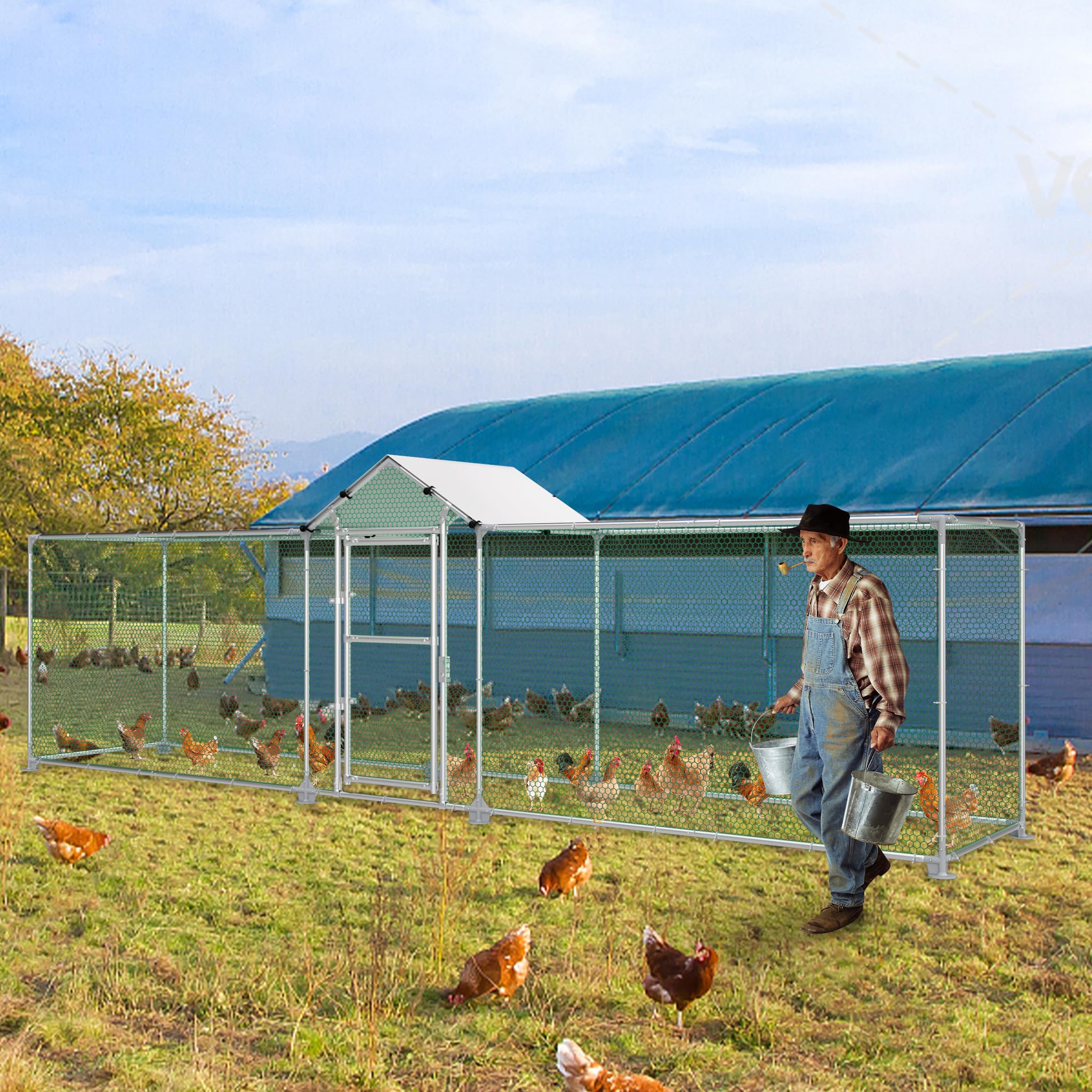 FIVMEN Recinto para gallinas de metal 5 x 1 m con protección solar techo puerta y cerrojo